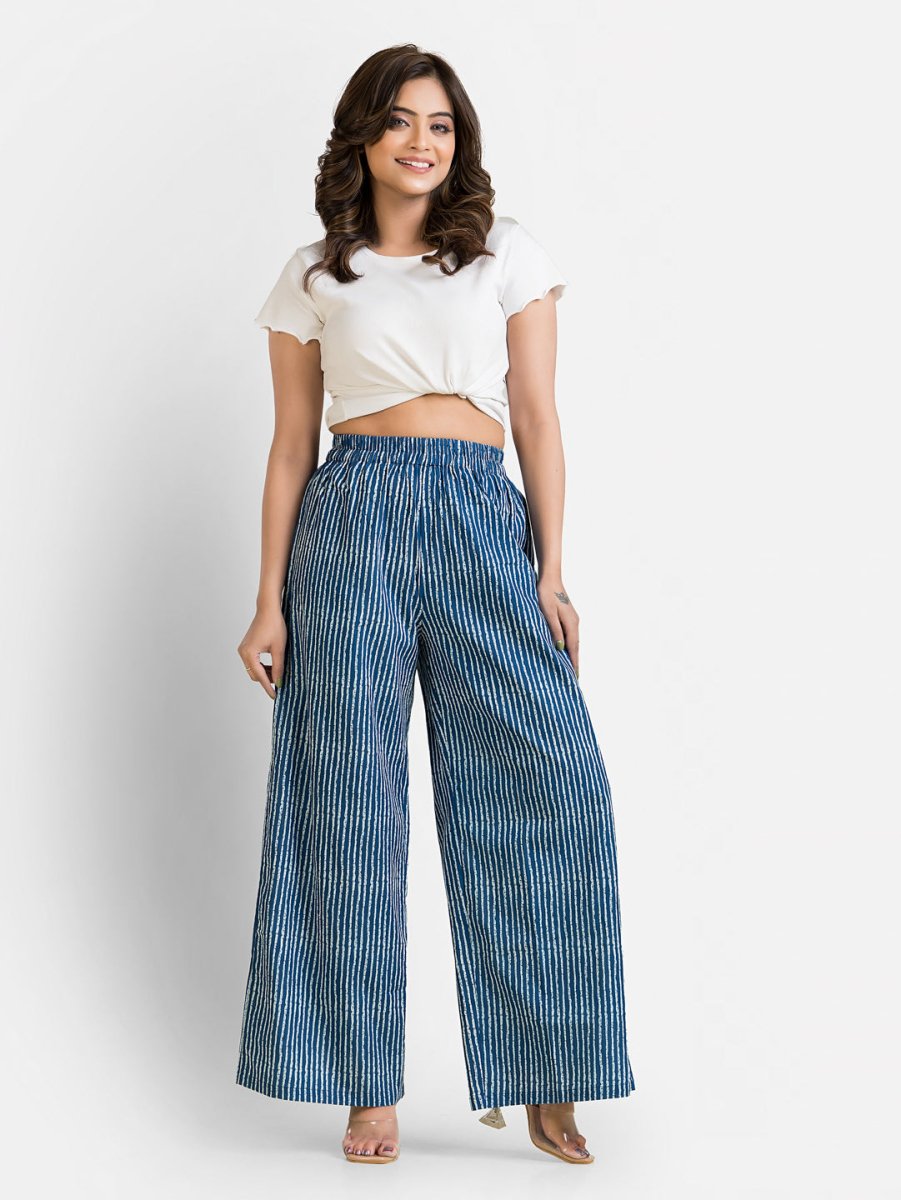 Women's Cotton Navy Stripped Ankle Length Palazzo - Crazy Needle Online
