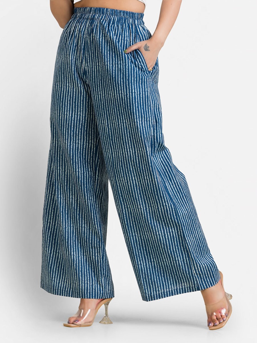 Women's Cotton Navy Stripped Ankle Length Palazzo - Crazy Needle Online