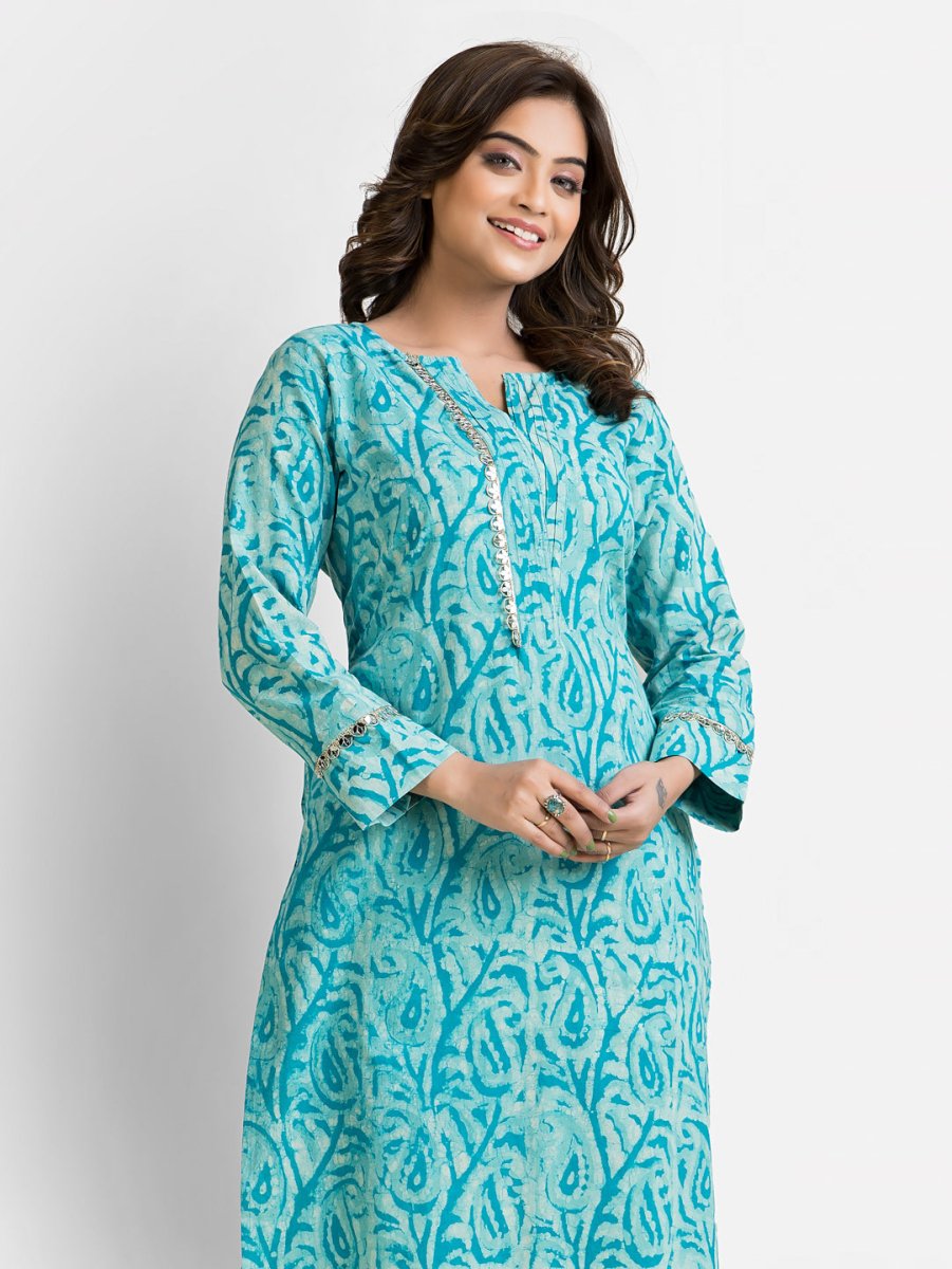 Women's Cotton Sea Green Dabu Mirror Kurti - Crazy Needle Online