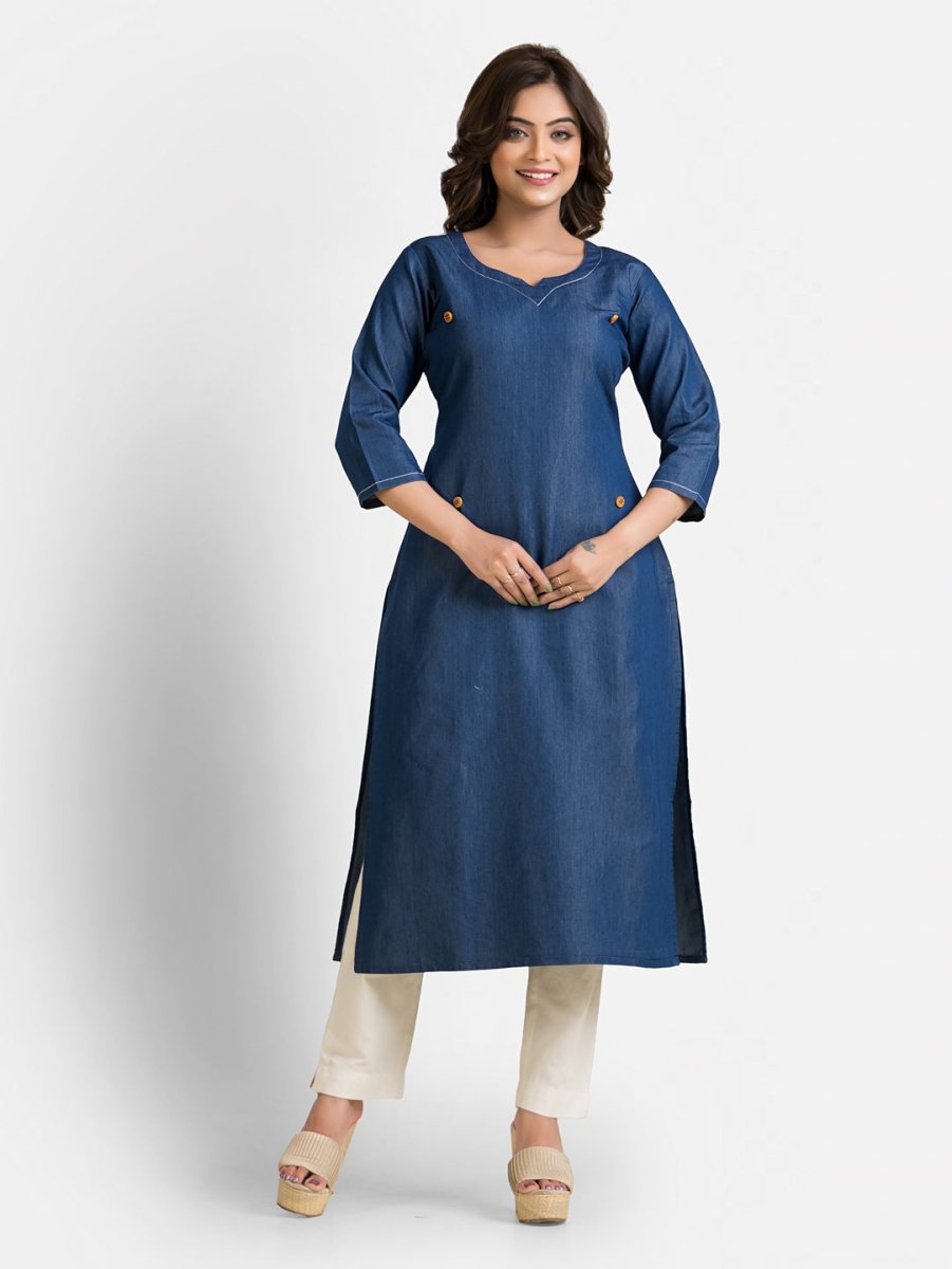 Women's Denim Kurta With White Neckline - Crazy Needle Online