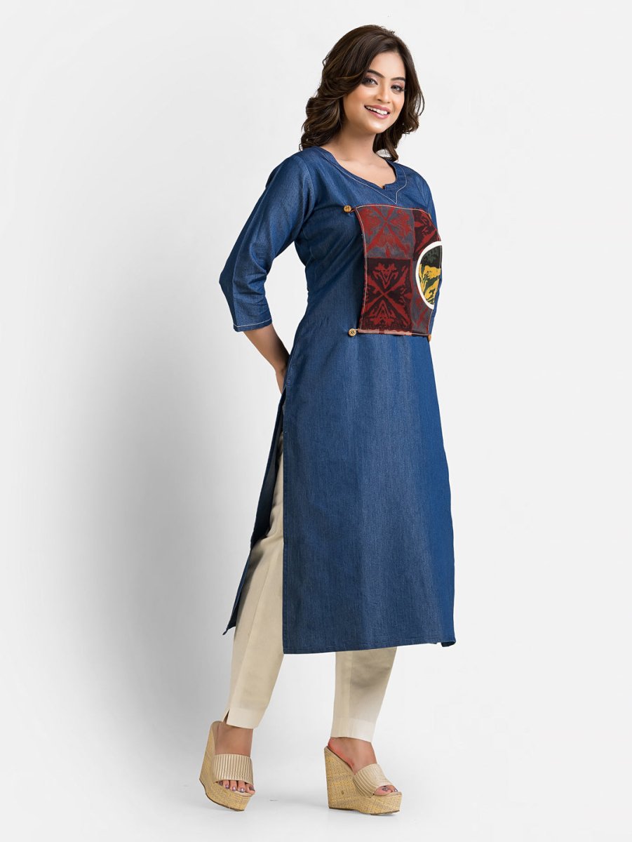 Women's Detachable Patchwork Print Denim Blue Kurta - Crazy Needle Online