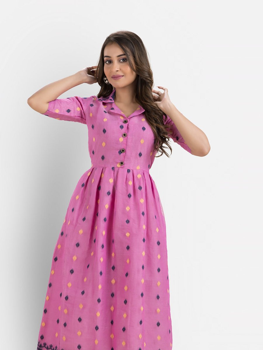 Women's Handwoven Pink Jamdani Dress - Crazy Needle Online