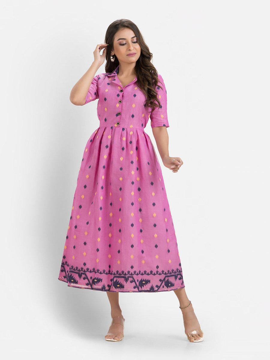 Women's Handwoven Pink Jamdani Dress - Crazy Needle Online