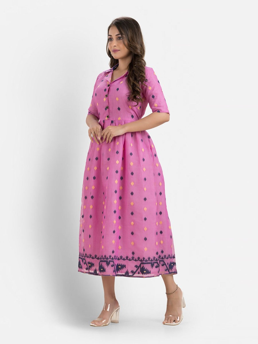 Women's Handwoven Pink Jamdani Dress - Crazy Needle Online
