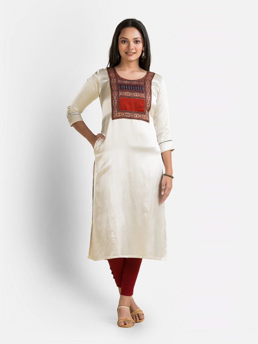 Women's Mashru Patchwork White Kurti - Crazy Needle Online