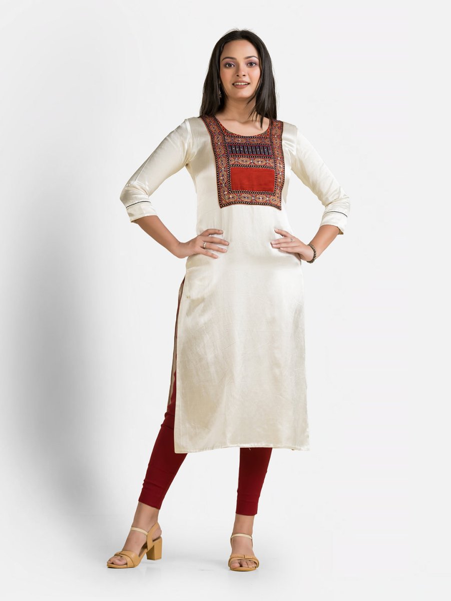 Women's Mashru Patchwork White Kurti - Crazy Needle Online