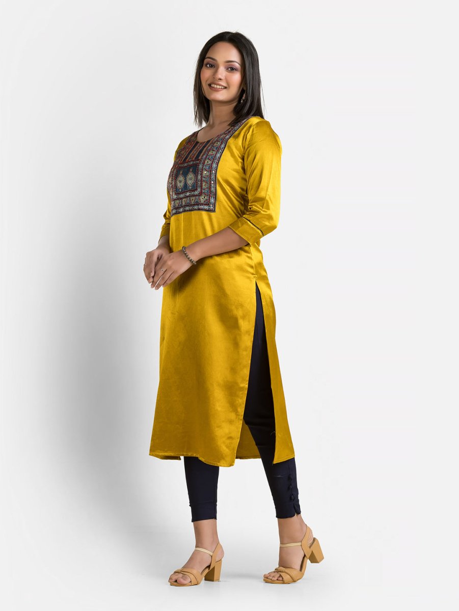 Women's Mashru Patchwork Yellow Kurti - Crazy Needle Online