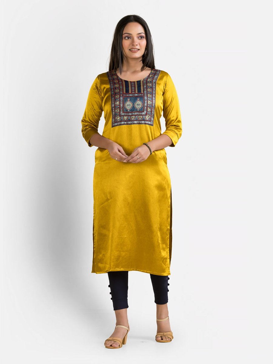Women's Mashru Patchwork Yellow Kurti - Crazy Needle Online