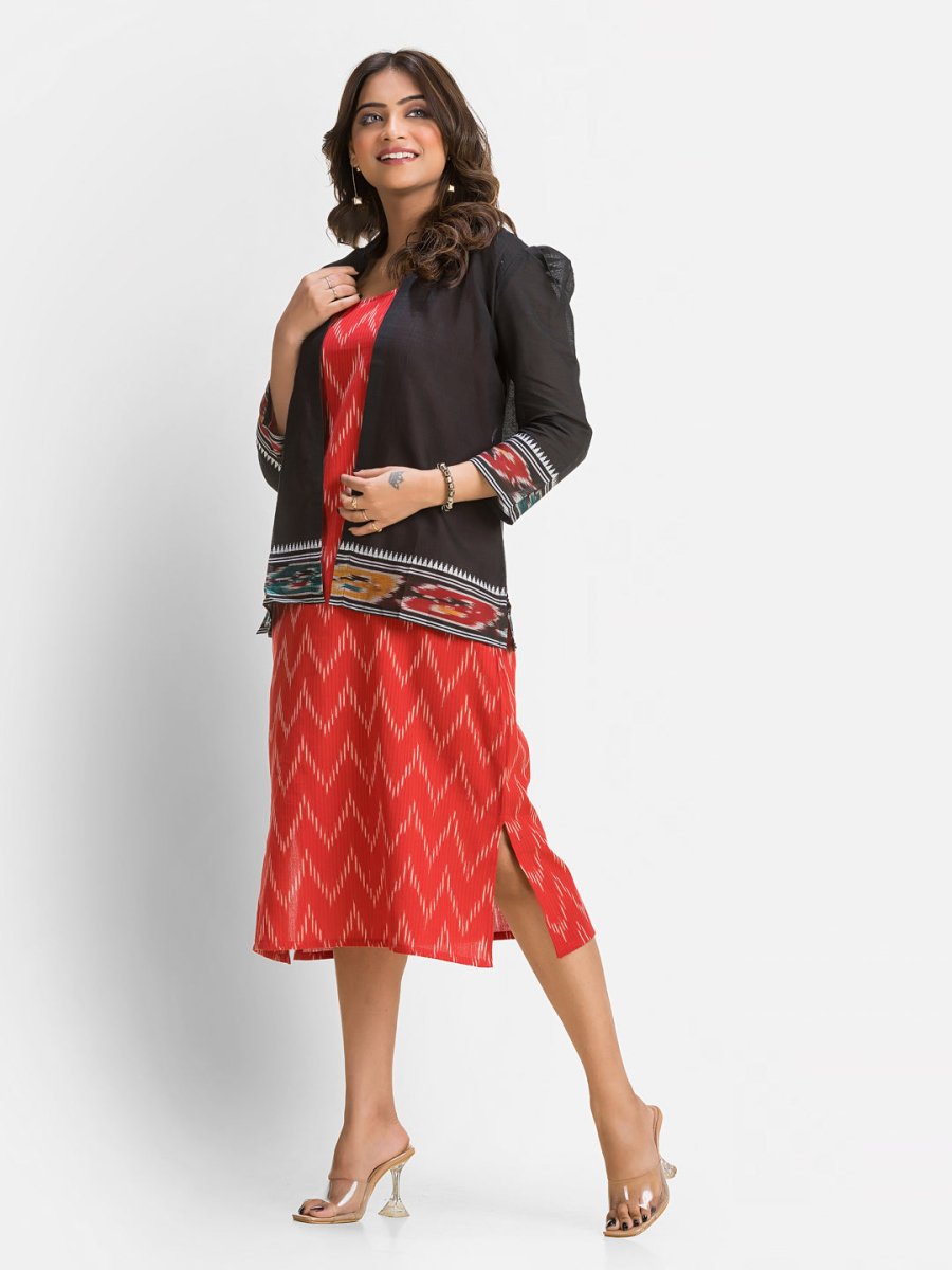 Women's Red Cotton Dress With Black Dhanikhali Jacket - Crazy Needle Online