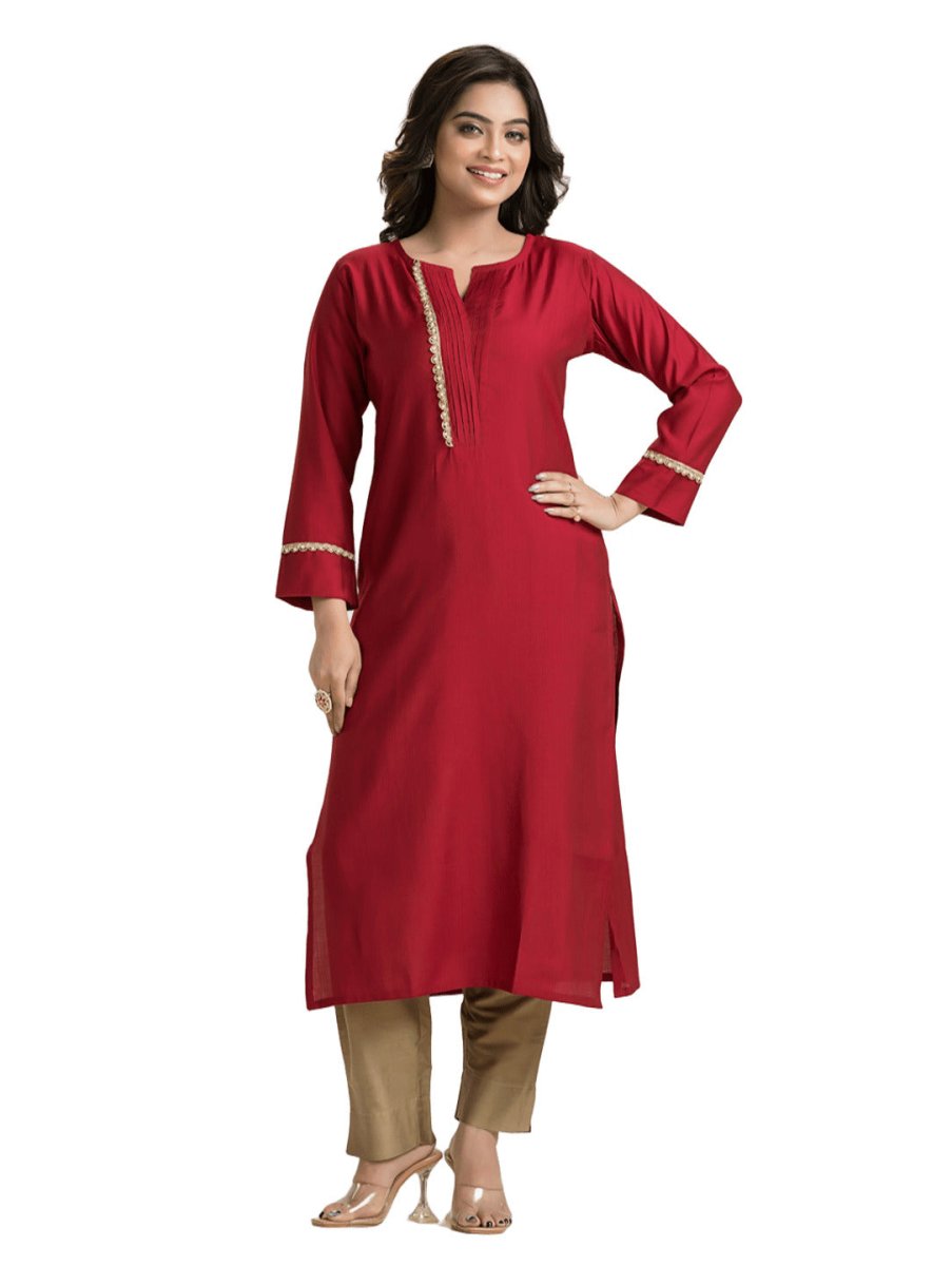 Women's Red Pintuck Lacework Vertican Silk Kurti - Crazy Needle Online