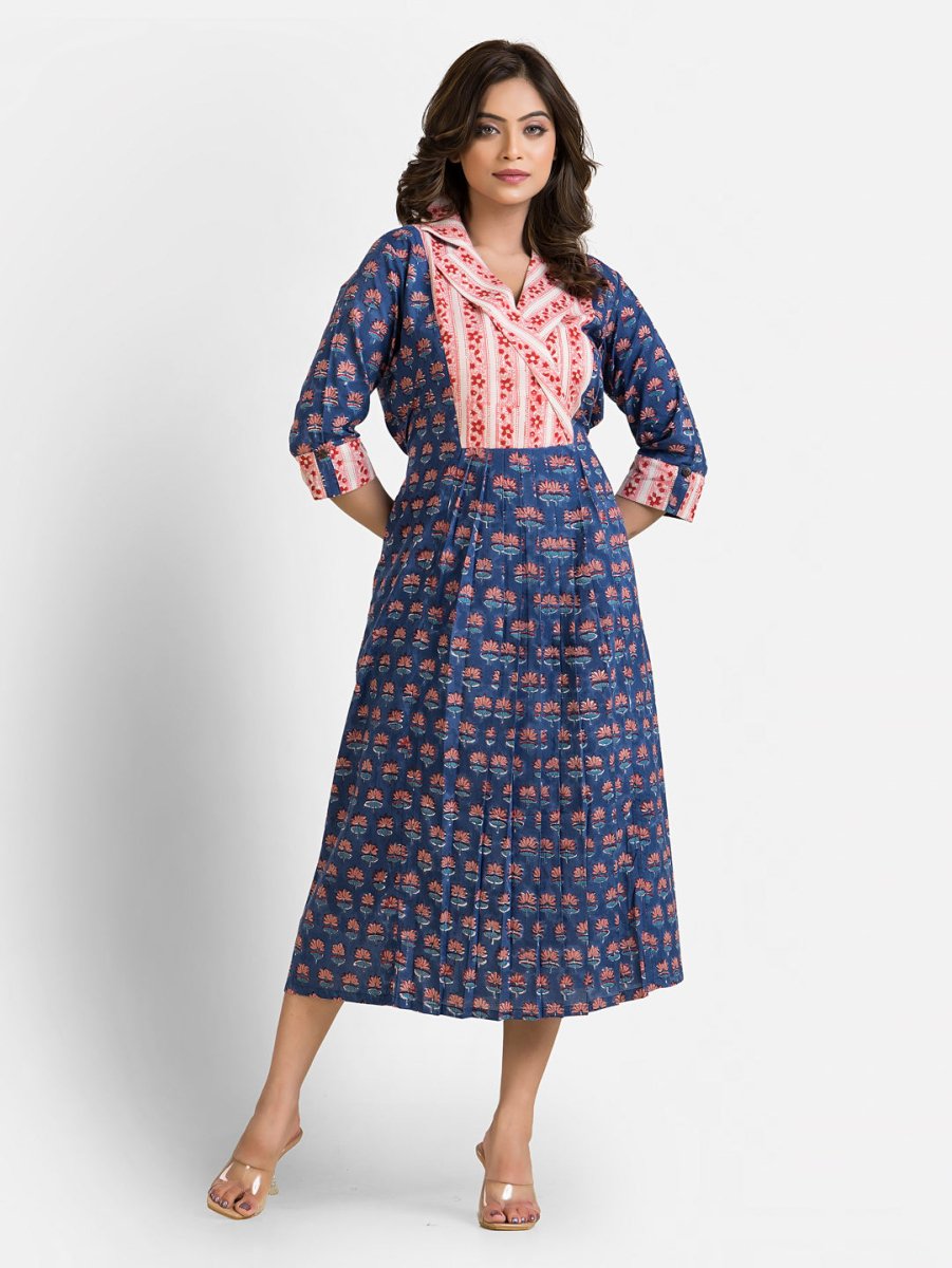 Women's Sanganeri Print Blue Coat Collar Dress - Crazy Needle Online