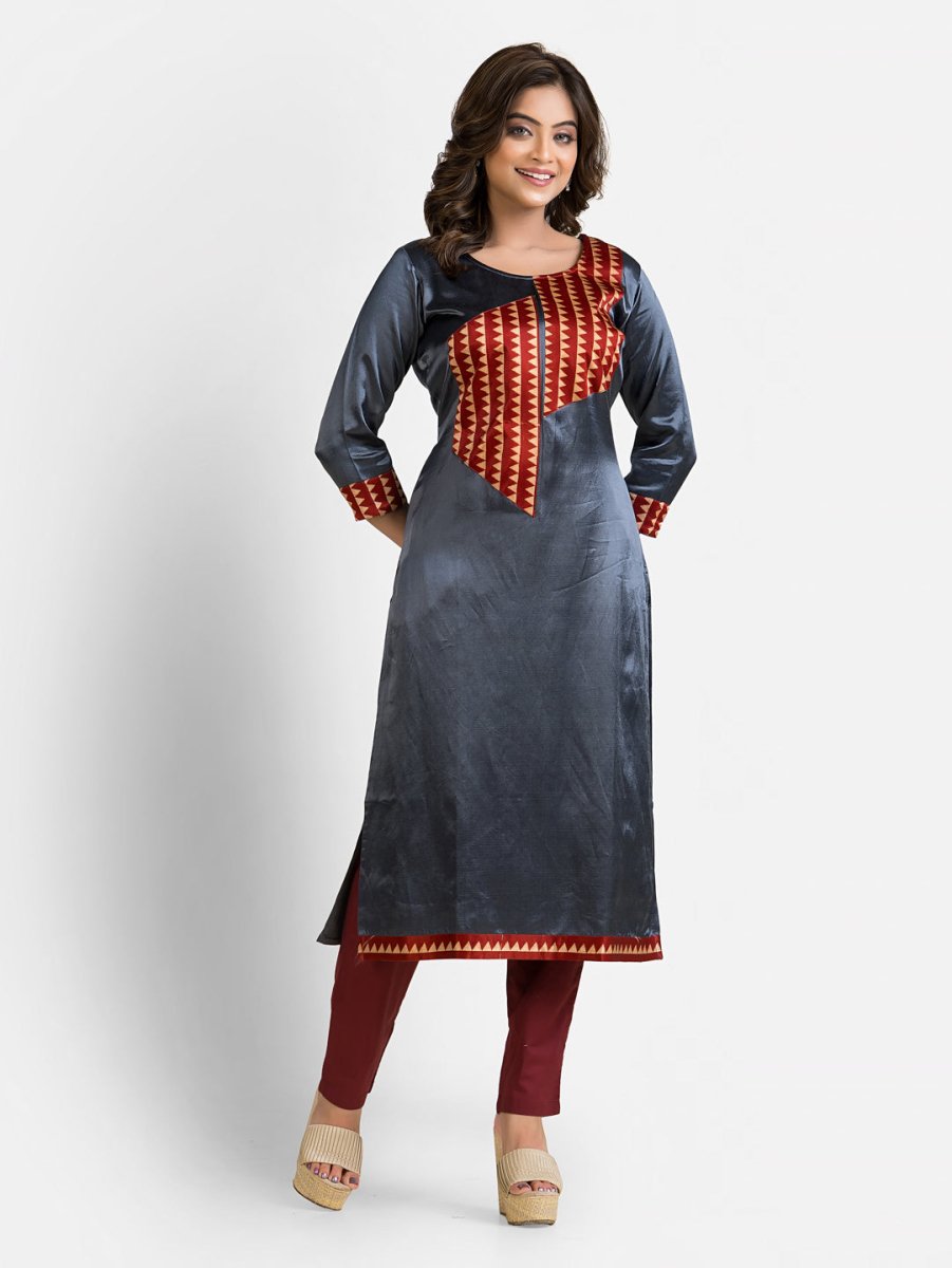 Women's Steel Grey Patchwork Mashru Kurti - Crazy Needle Online