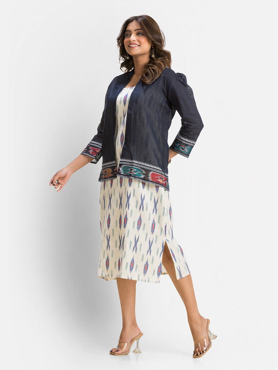 Women's White Cotton Dress With Black Dhanikhali Jacket - Crazy Needle Online
