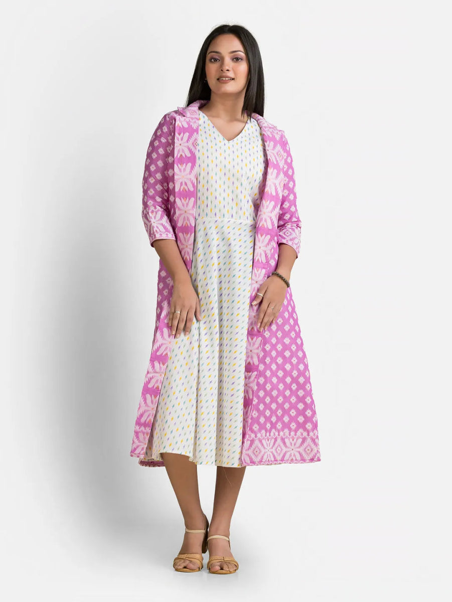 Women's White Dress With Lavender Jamdani Shrug - Crazy Needle Online