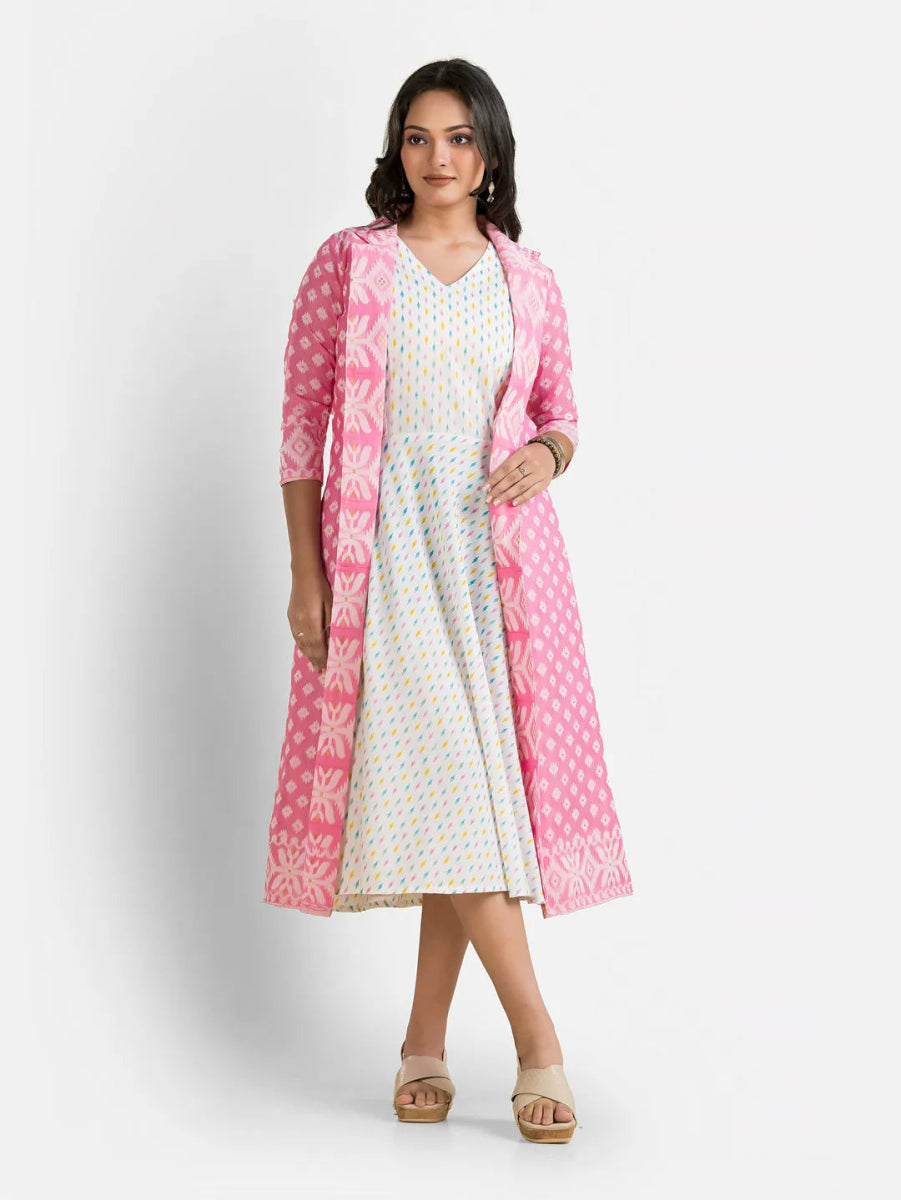 Women's White Dress With Pink Jamdani Shrug - Crazy Needle Online