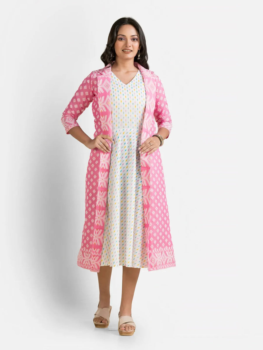 Women's White Dress With Pink Jamdani Shrug - Crazy Needle Online