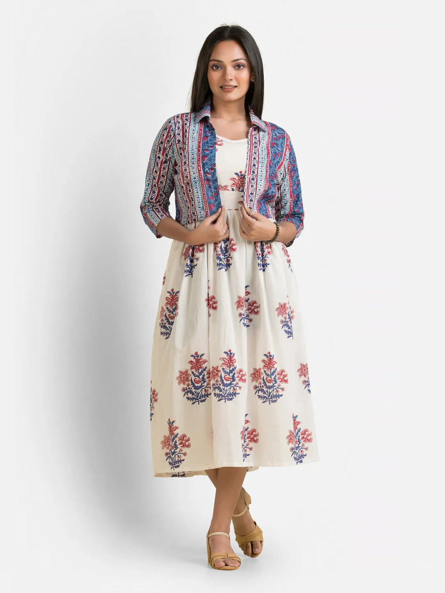 Women's White Gown With Blue Jacket - Crazy Needle Online