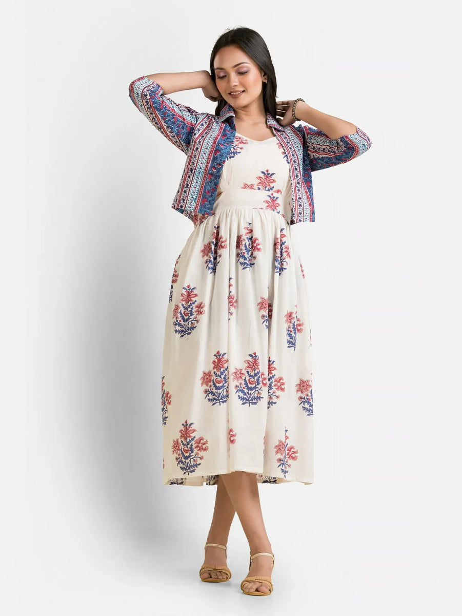 Women's White Gown With Blue Jacket - Crazy Needle Online