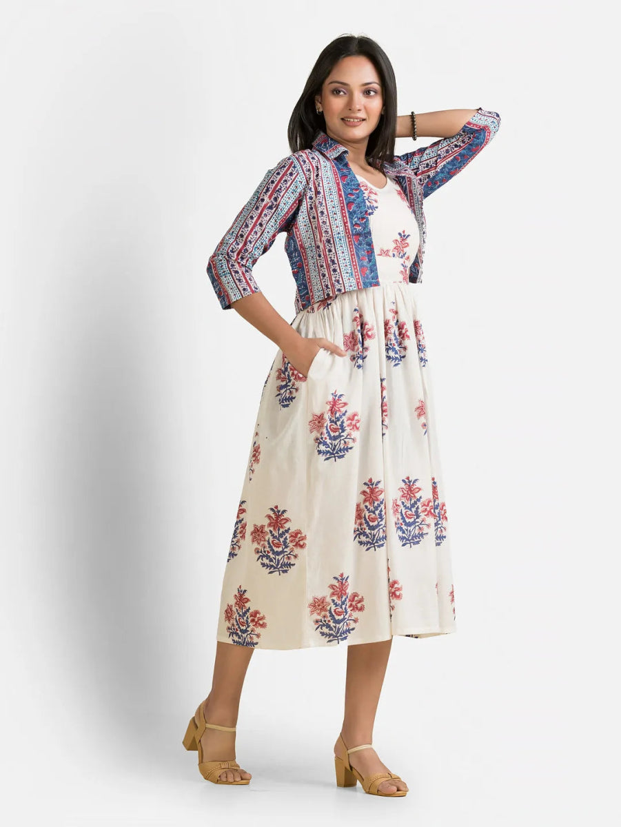 Women's White Gown With Blue Jacket - Crazy Needle Online
