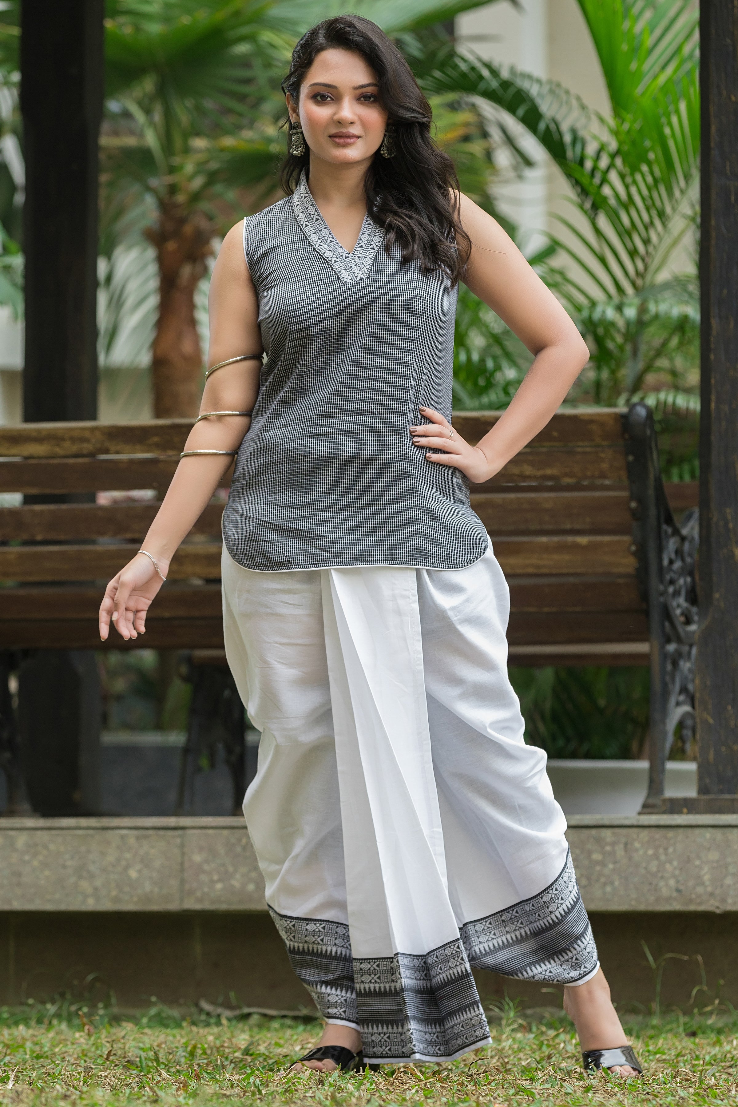 Cool White Dhonekhali Wrapped Dhoti Co-ord Set