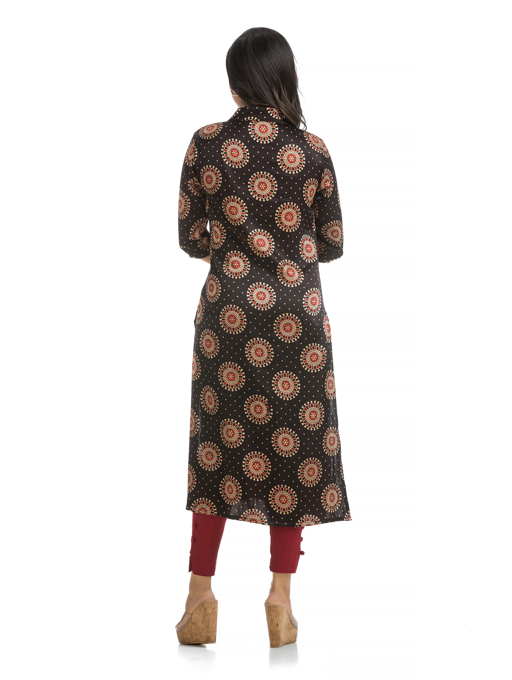 Hand Block Ajrakh Printed Silk Kurti with Front Pleat in Black