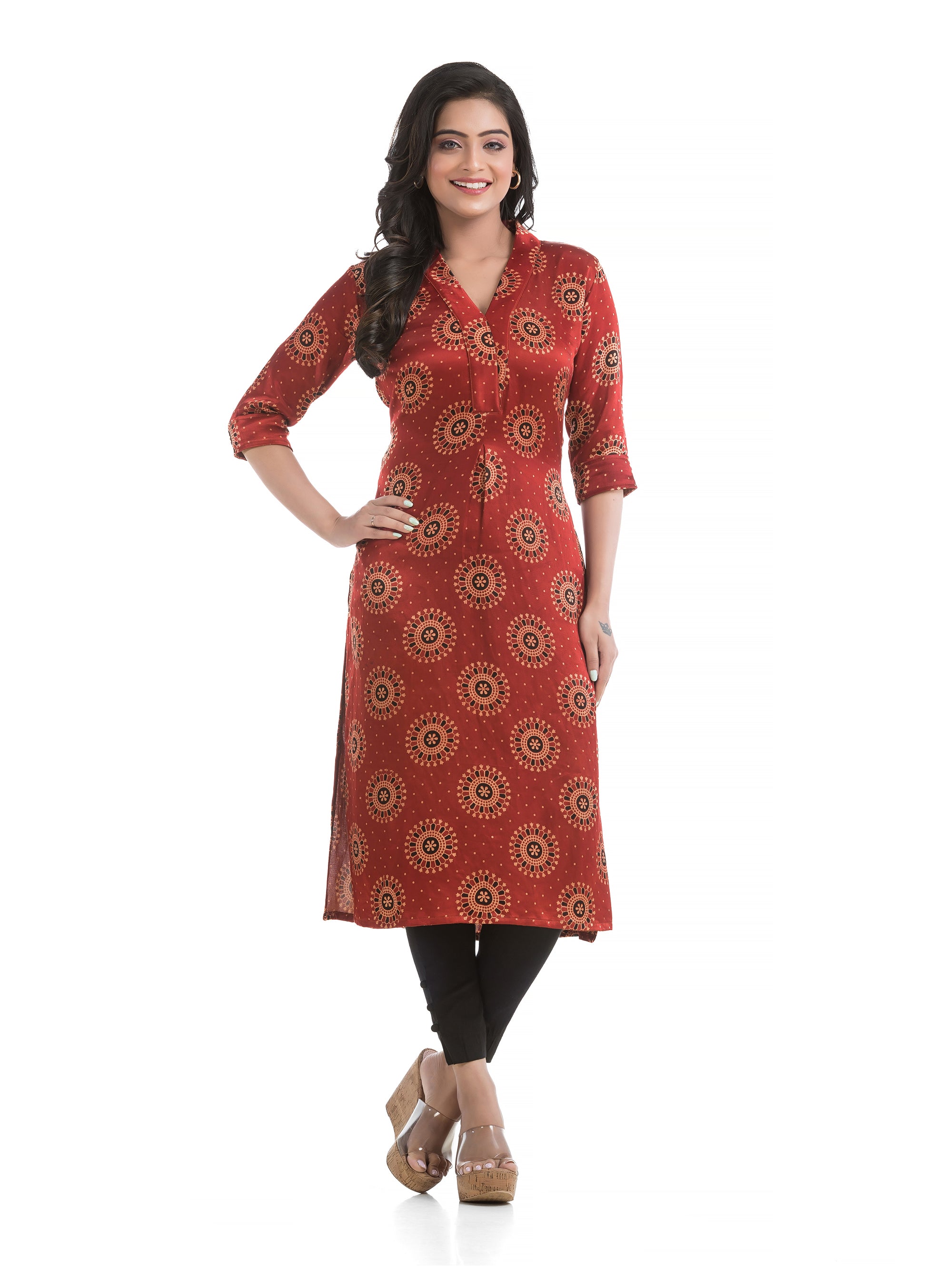 Maroon Mashru Silk High Neck Straight Kurti