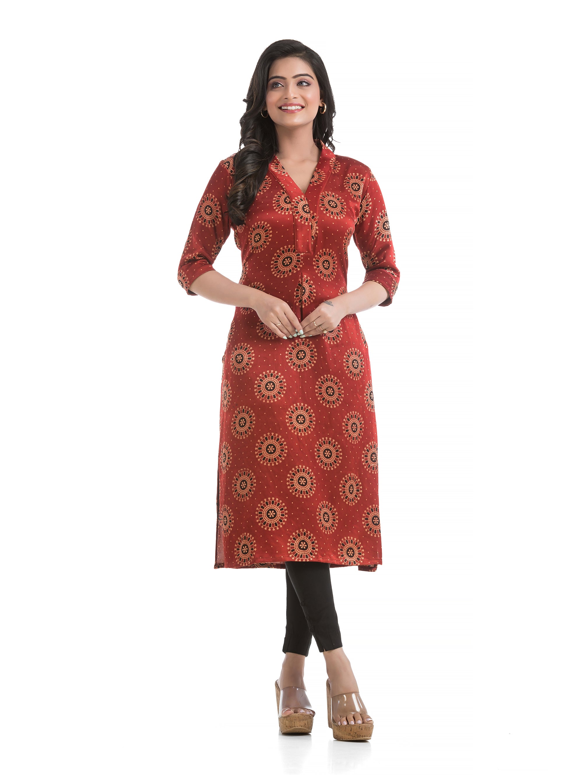 Maroon Mashru Silk High Neck Straight Kurti