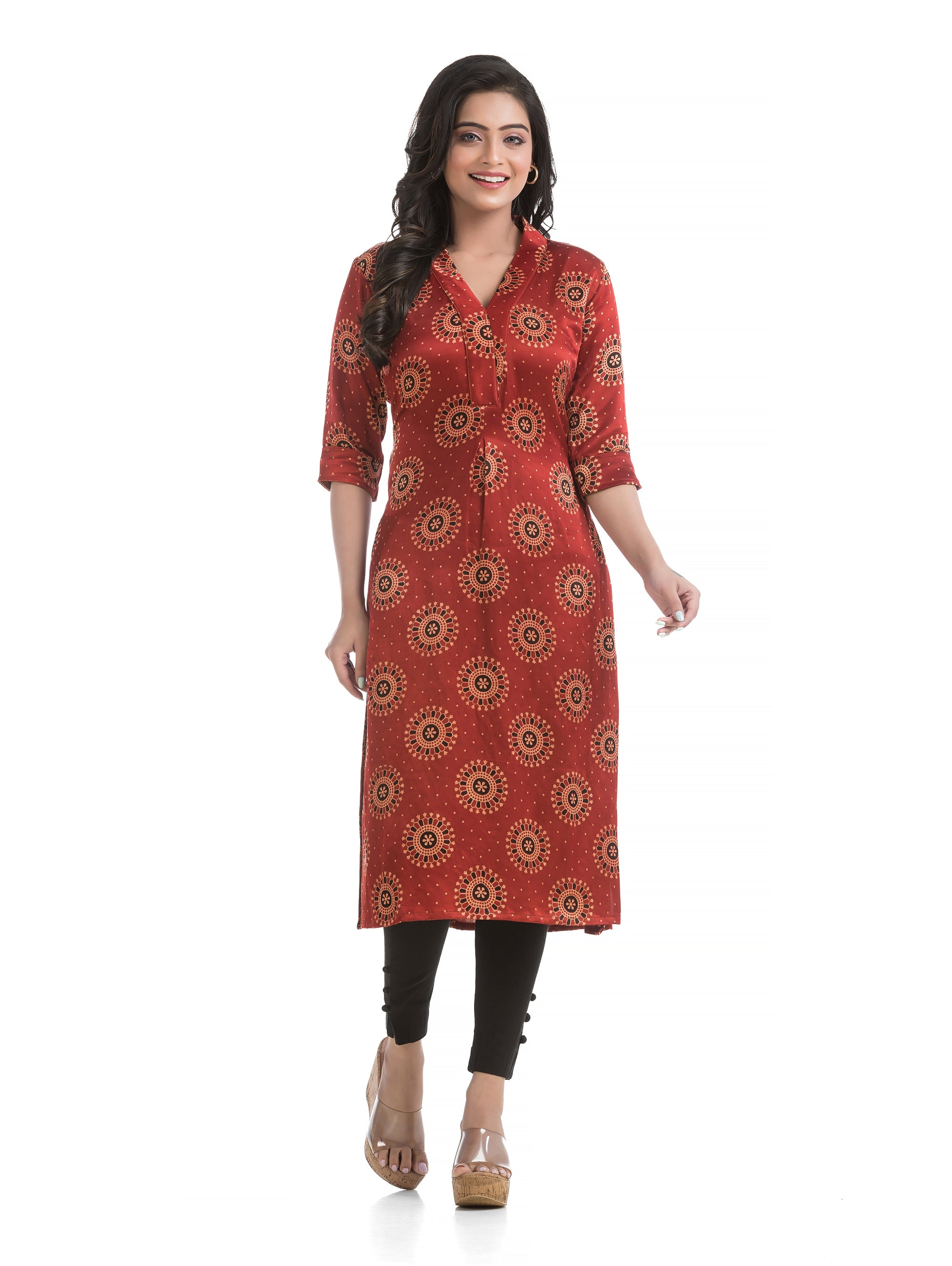 Maroon Mashru Silk High Neck Straight Kurti