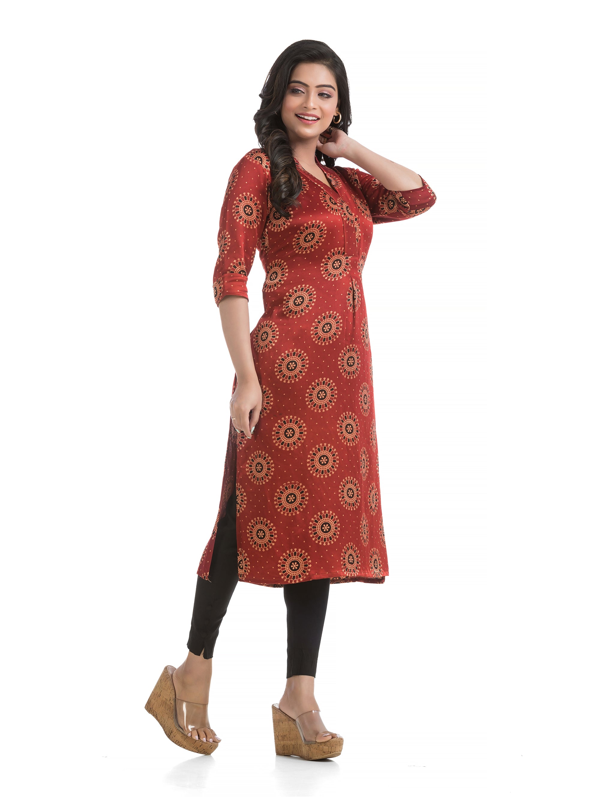 Maroon Mashru Silk High Neck Straight Kurti