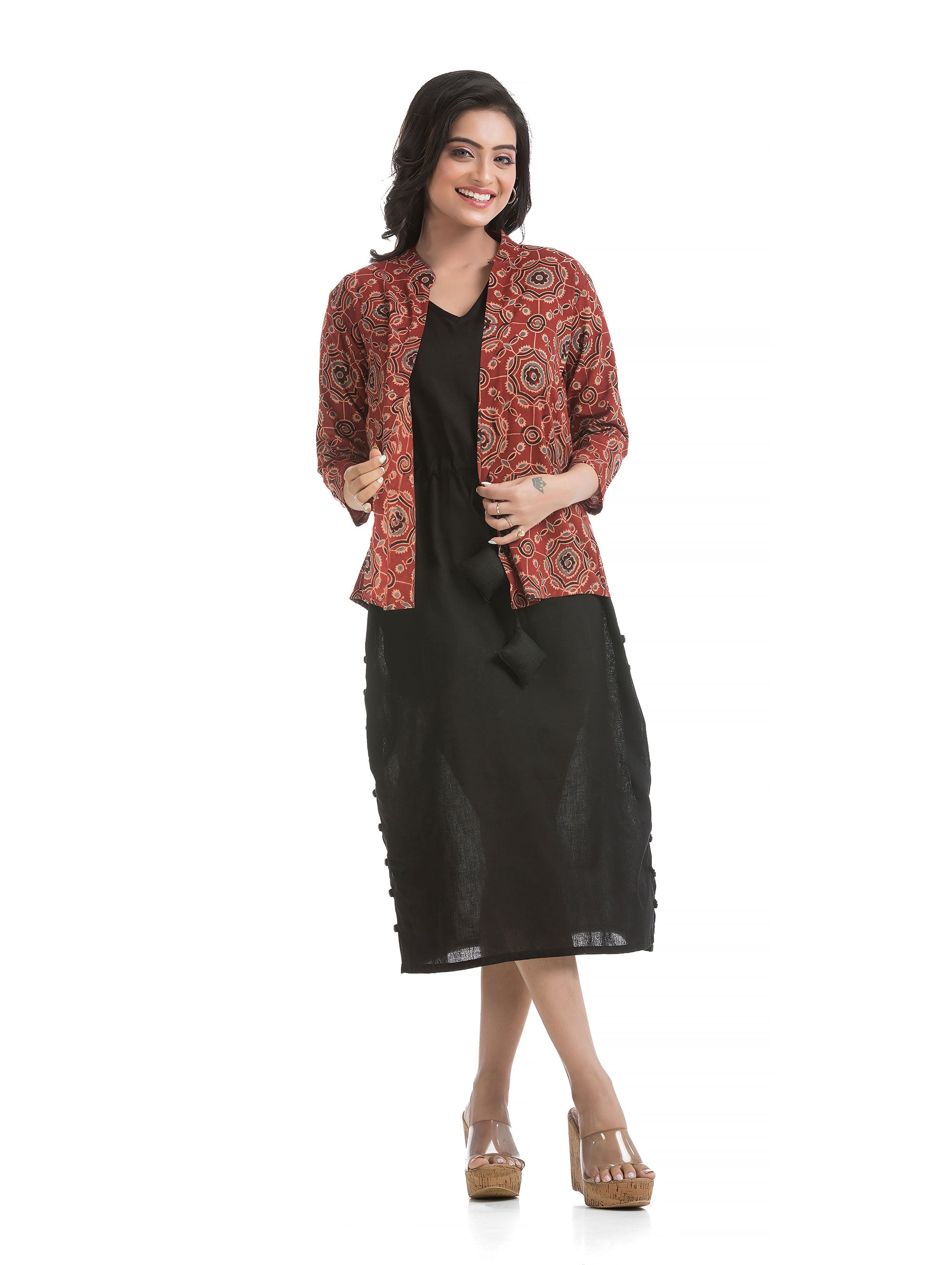 Drawstirng Black Dress with Ajrakh Floral Printed Jacket