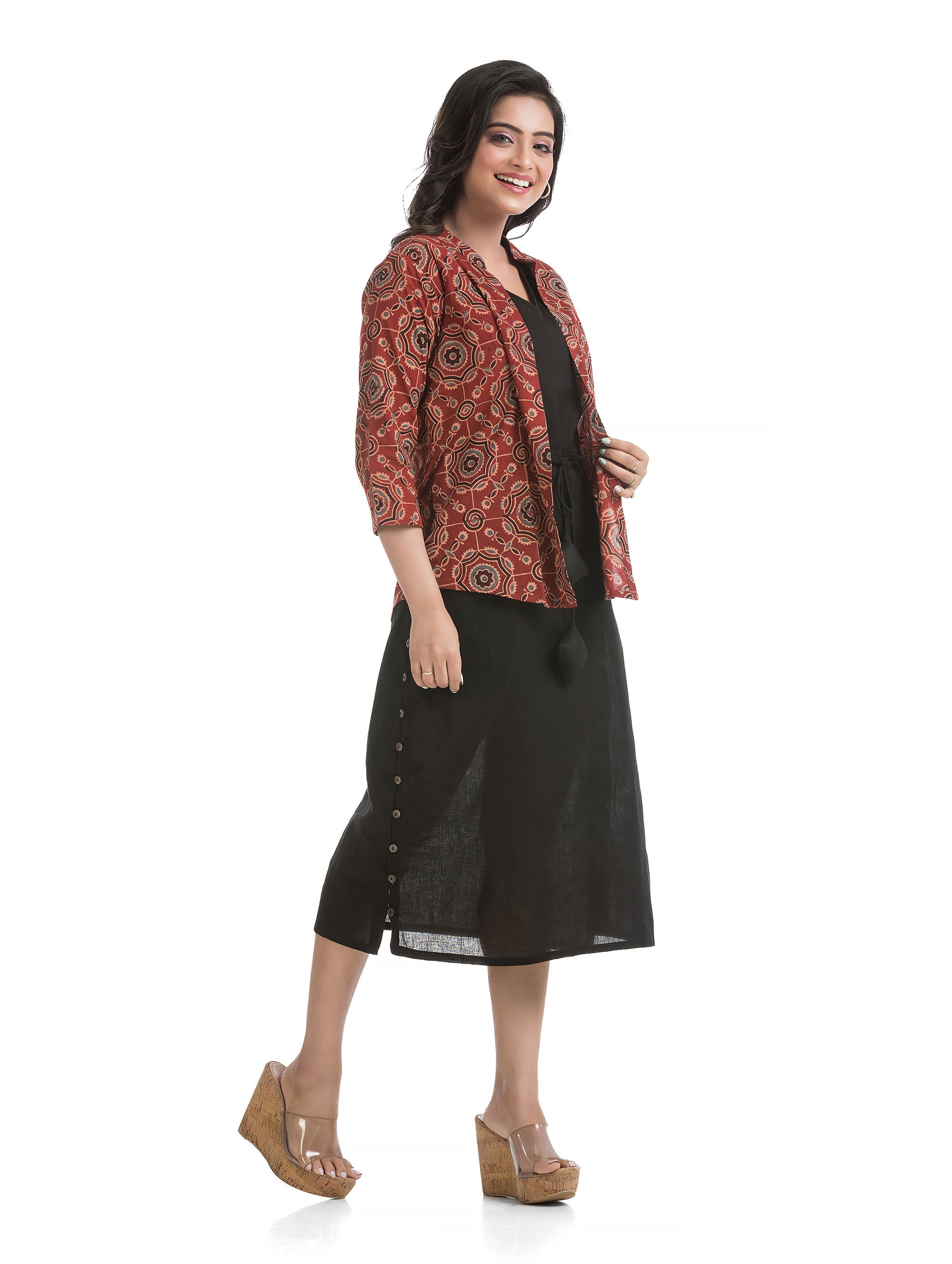 Drawstirng Black Dress with Ajrakh Floral Printed Jacket