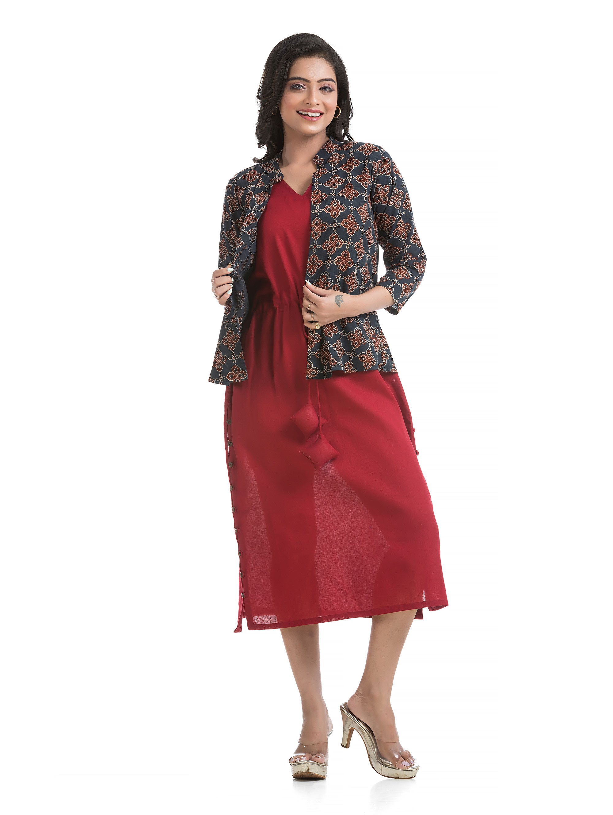 Natural Ajrakh Front Open Jacket with Maroon Flex Cotton Dress