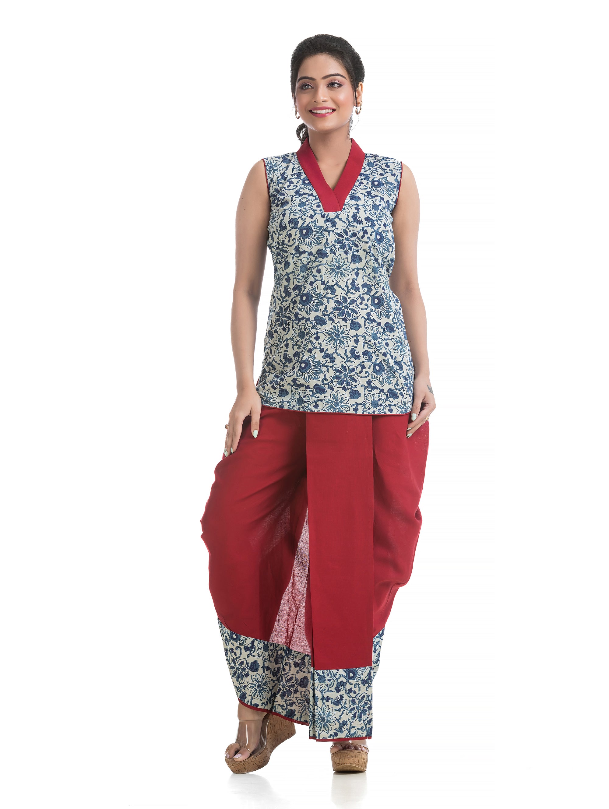 Indigo Hand Block V-Neck Top with Maroon Cotton Pleated Dhoti