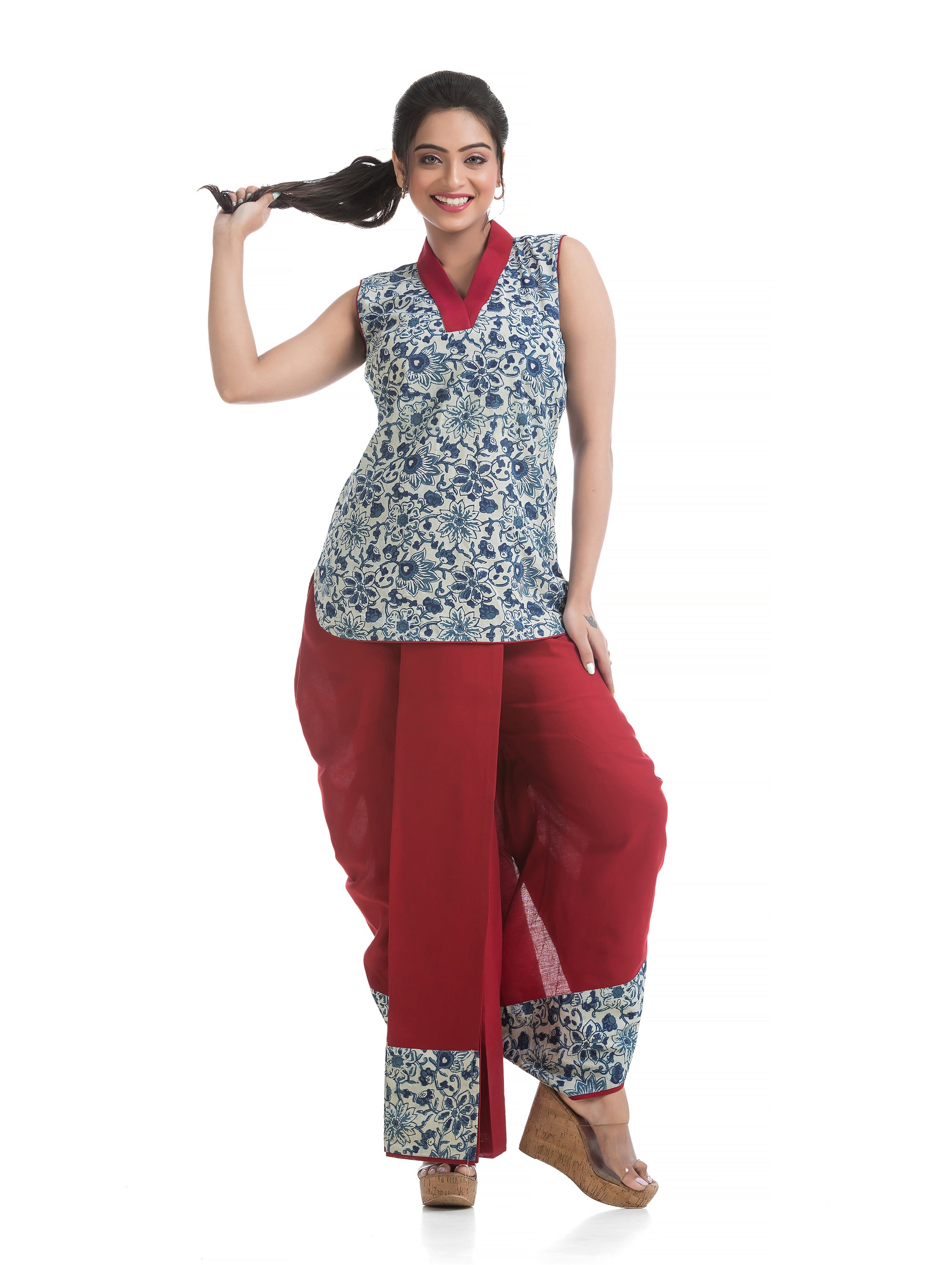 Indigo Hand Block V-Neck Top with Maroon Cotton Pleated Dhoti