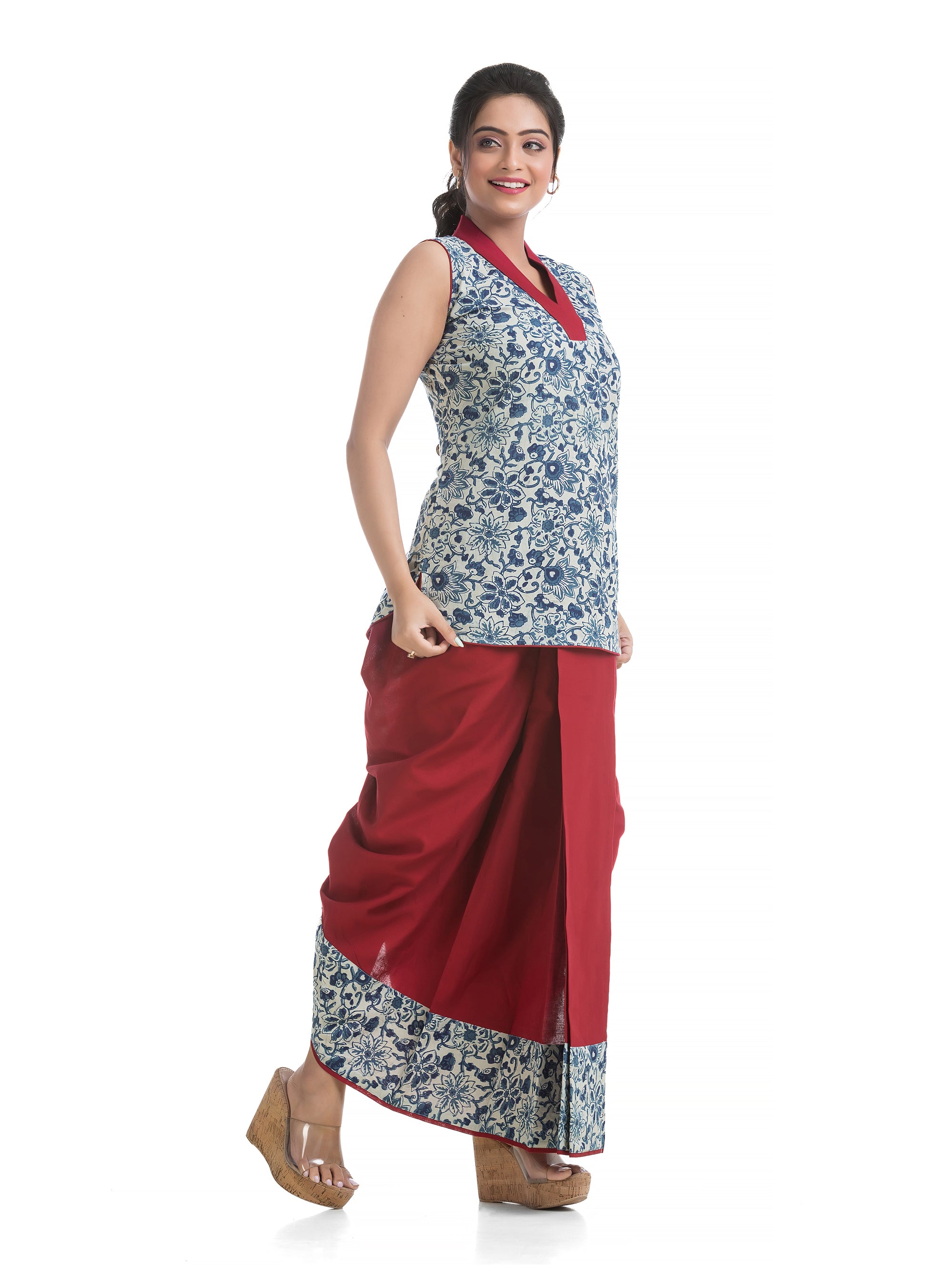 Indigo Hand Block V-Neck Top with Maroon Cotton Pleated Dhoti