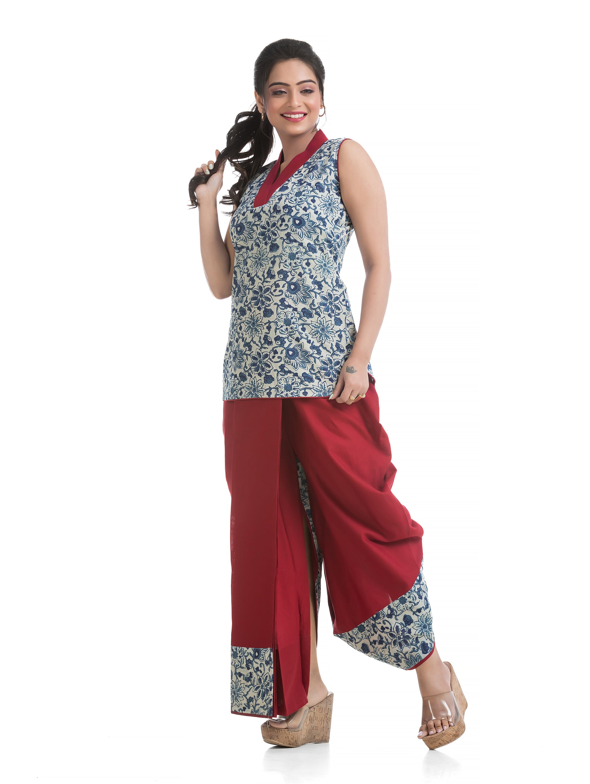 Indigo Hand Block V-Neck Top with Maroon Cotton Pleated Dhoti