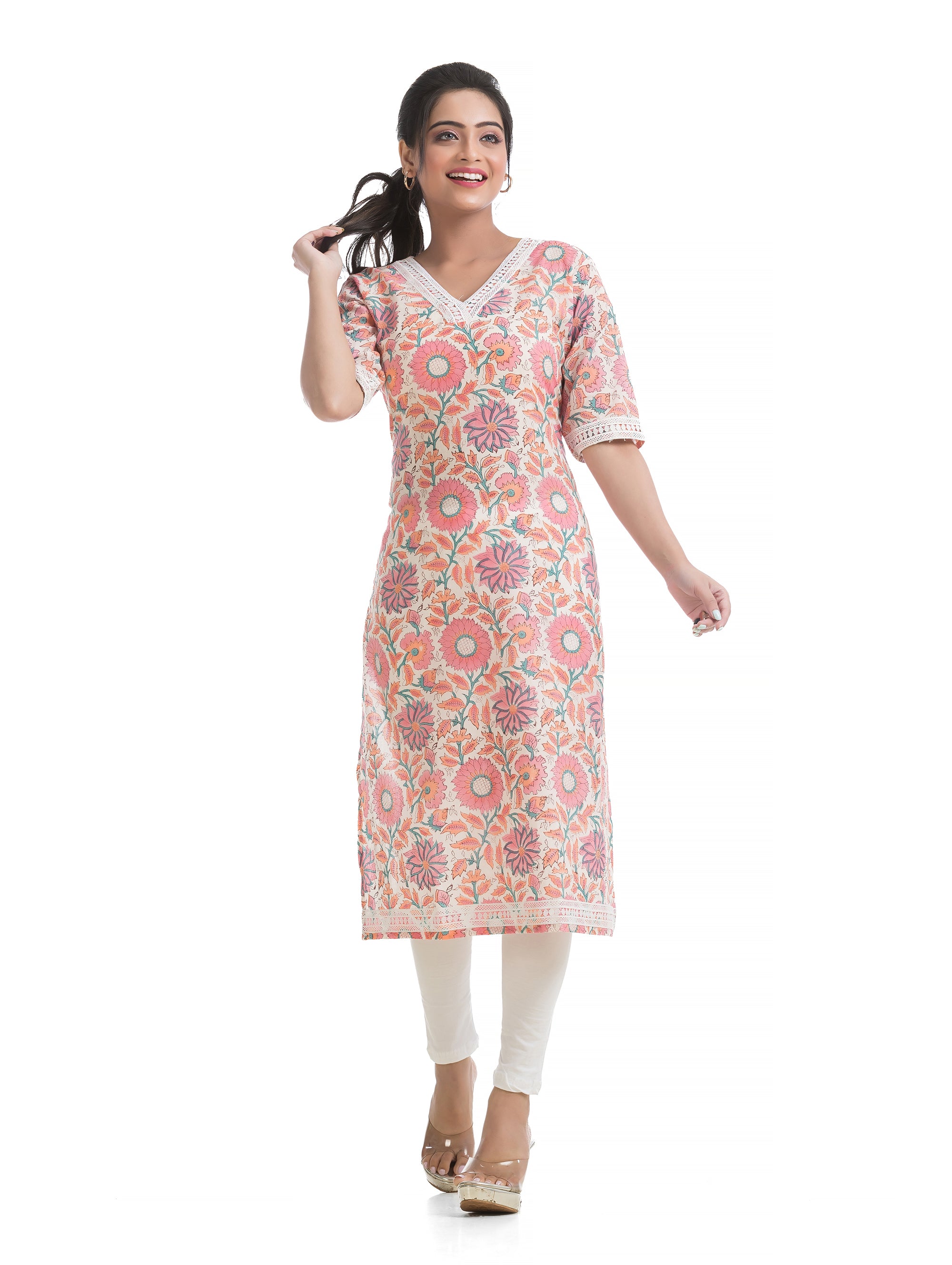 Floral Motif Hand Blocked Sanganeri Print Kurti