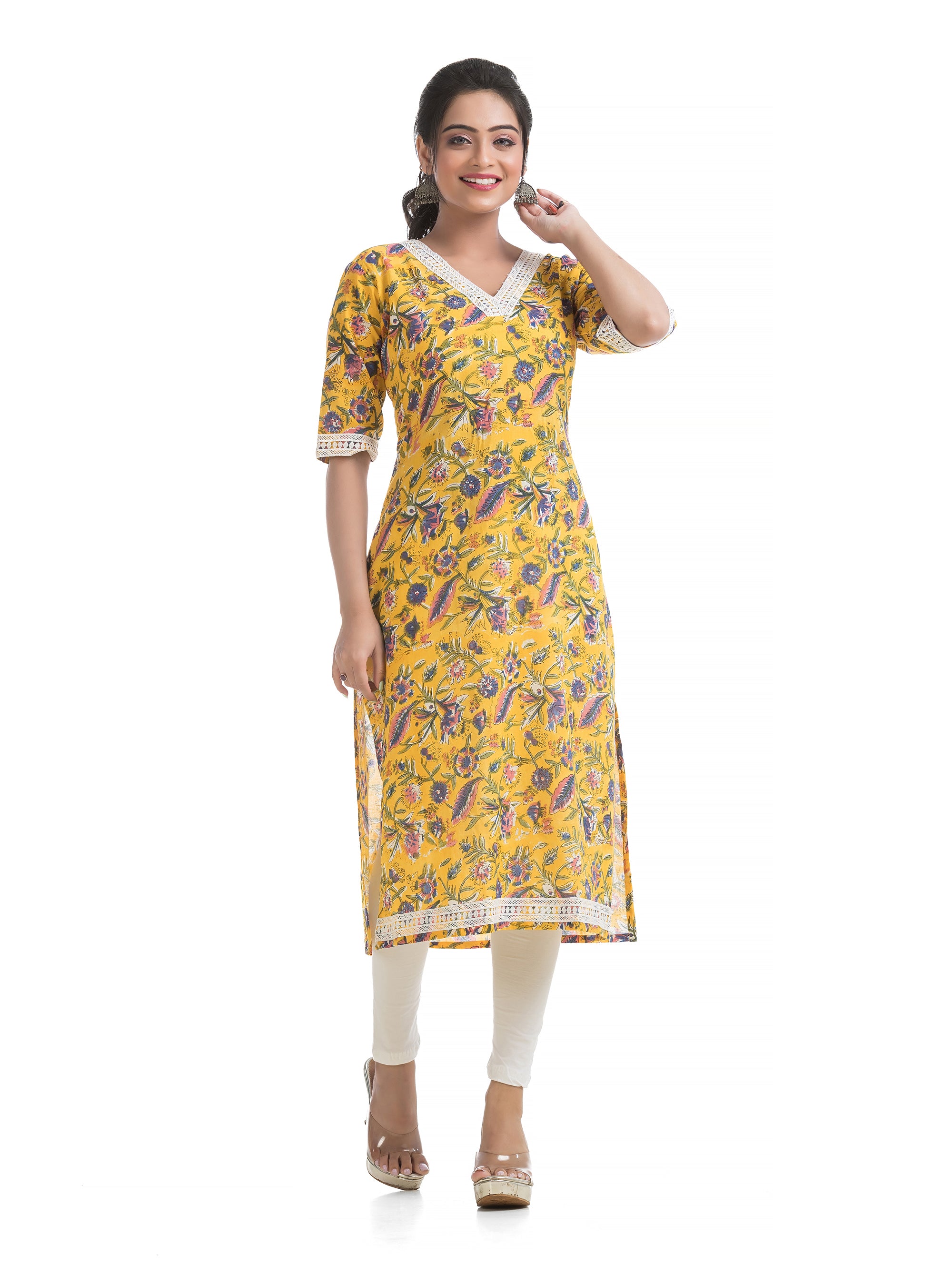 Pure Sanganeri Hand Blocked Print Satraight Kurti on Bright Yellow