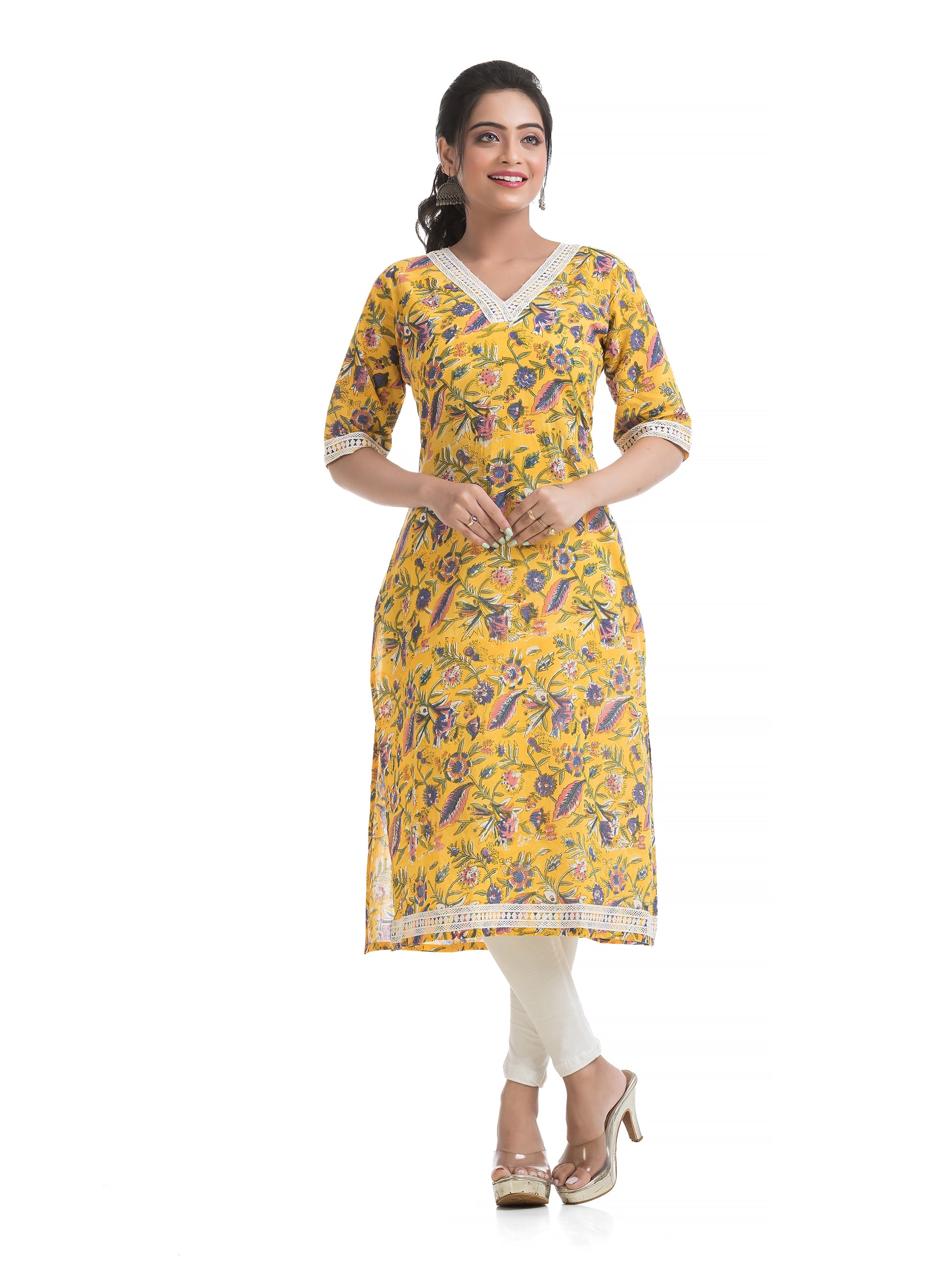 Pure Sanganeri Hand Blocked Print Satraight Kurti on Bright Yellow