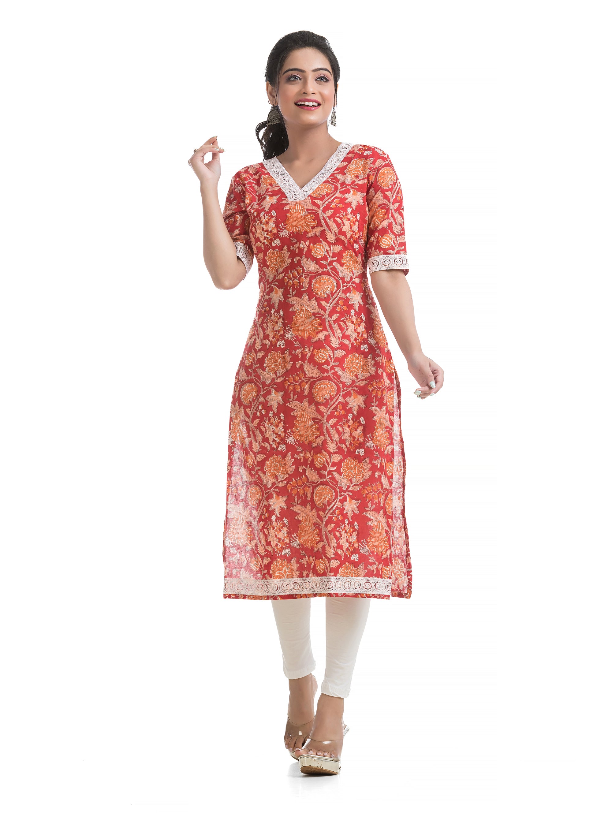 Pure Sanganeri Hand Blocked Print Satraight Kurti on Bright Red With White Lacework