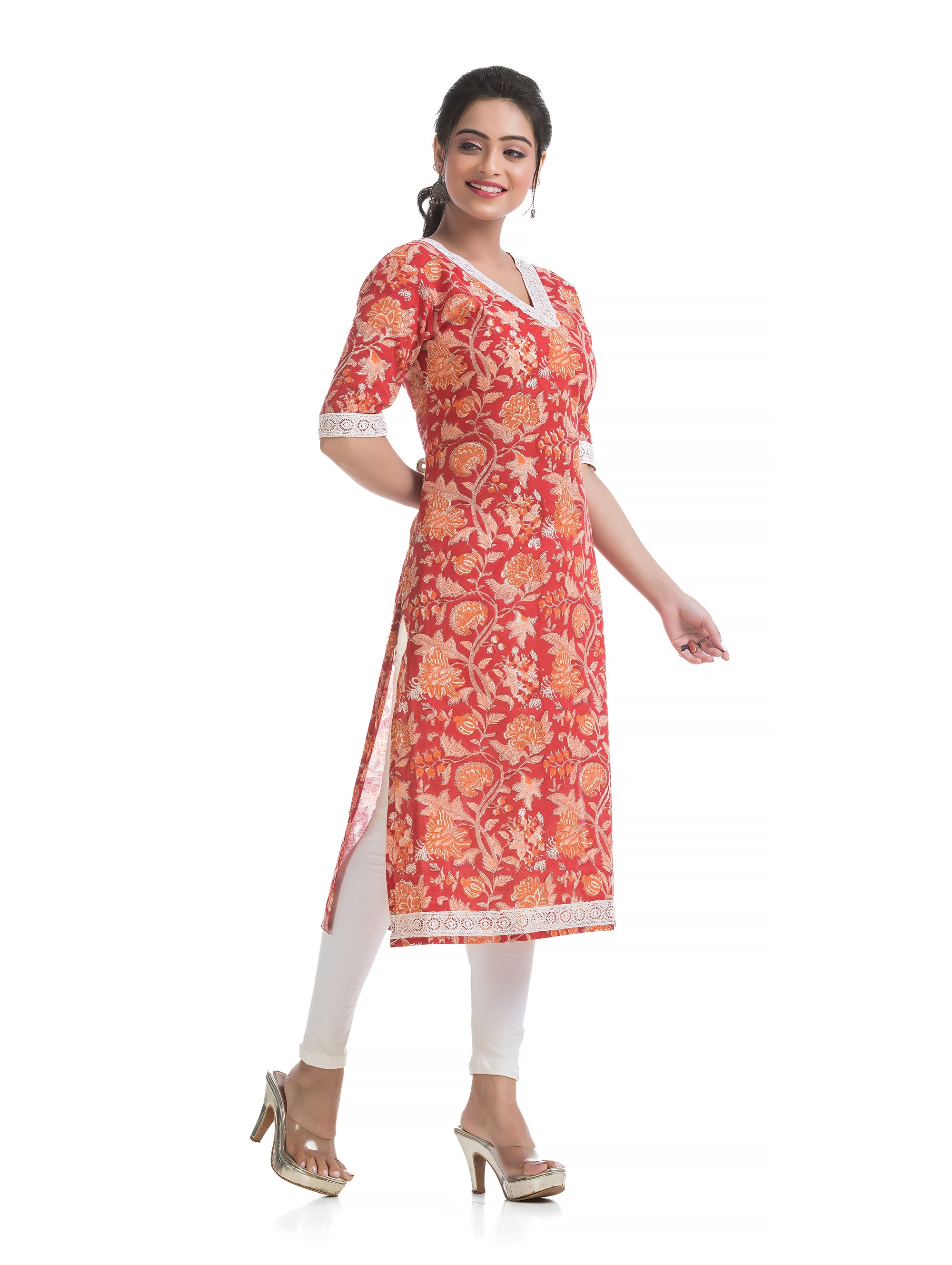 Pure Sanganeri Hand Blocked Print Satraight Kurti on Bright Red With White Lacework