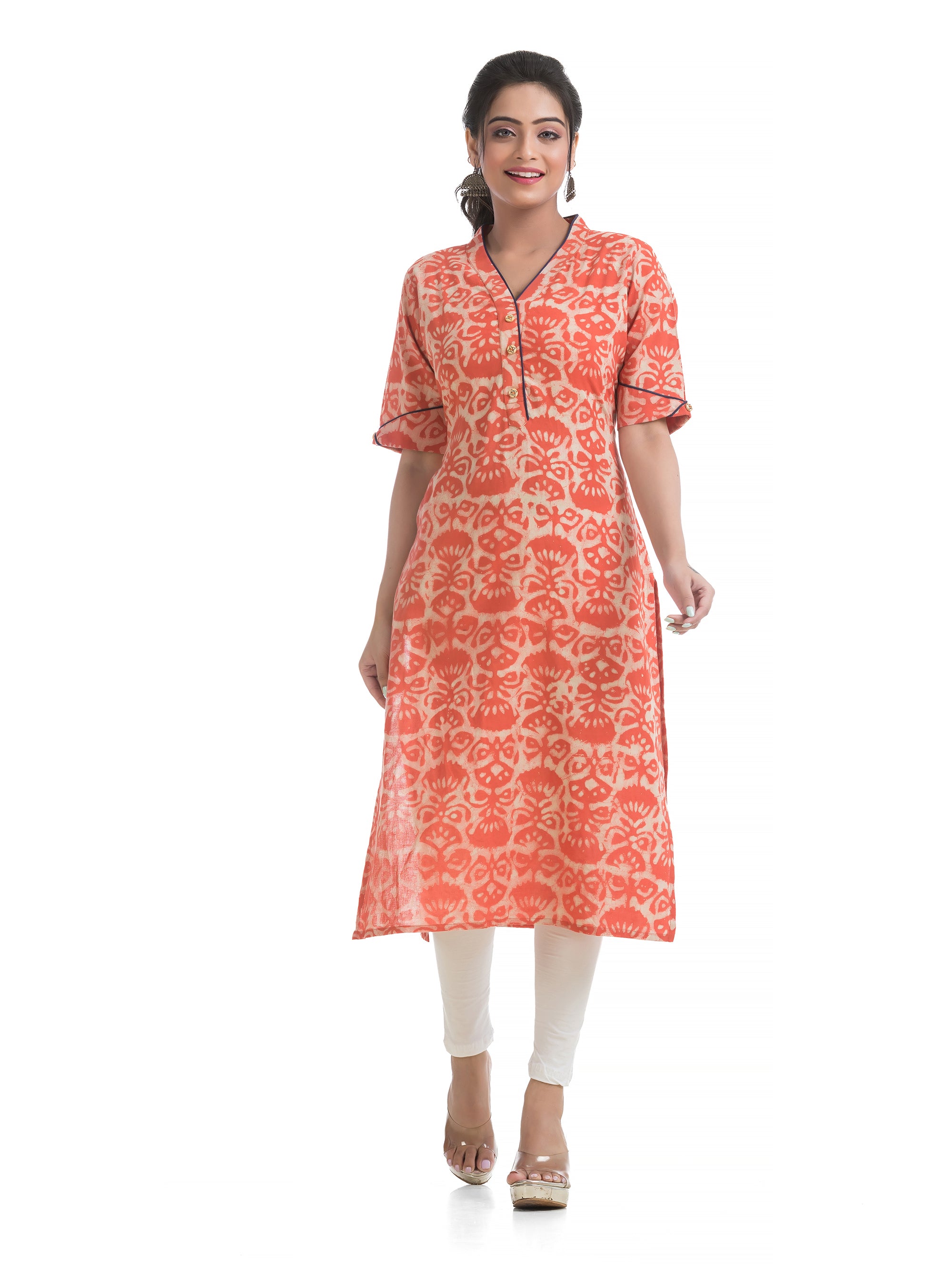 Orange Dabu Printed V-Neck Kurti