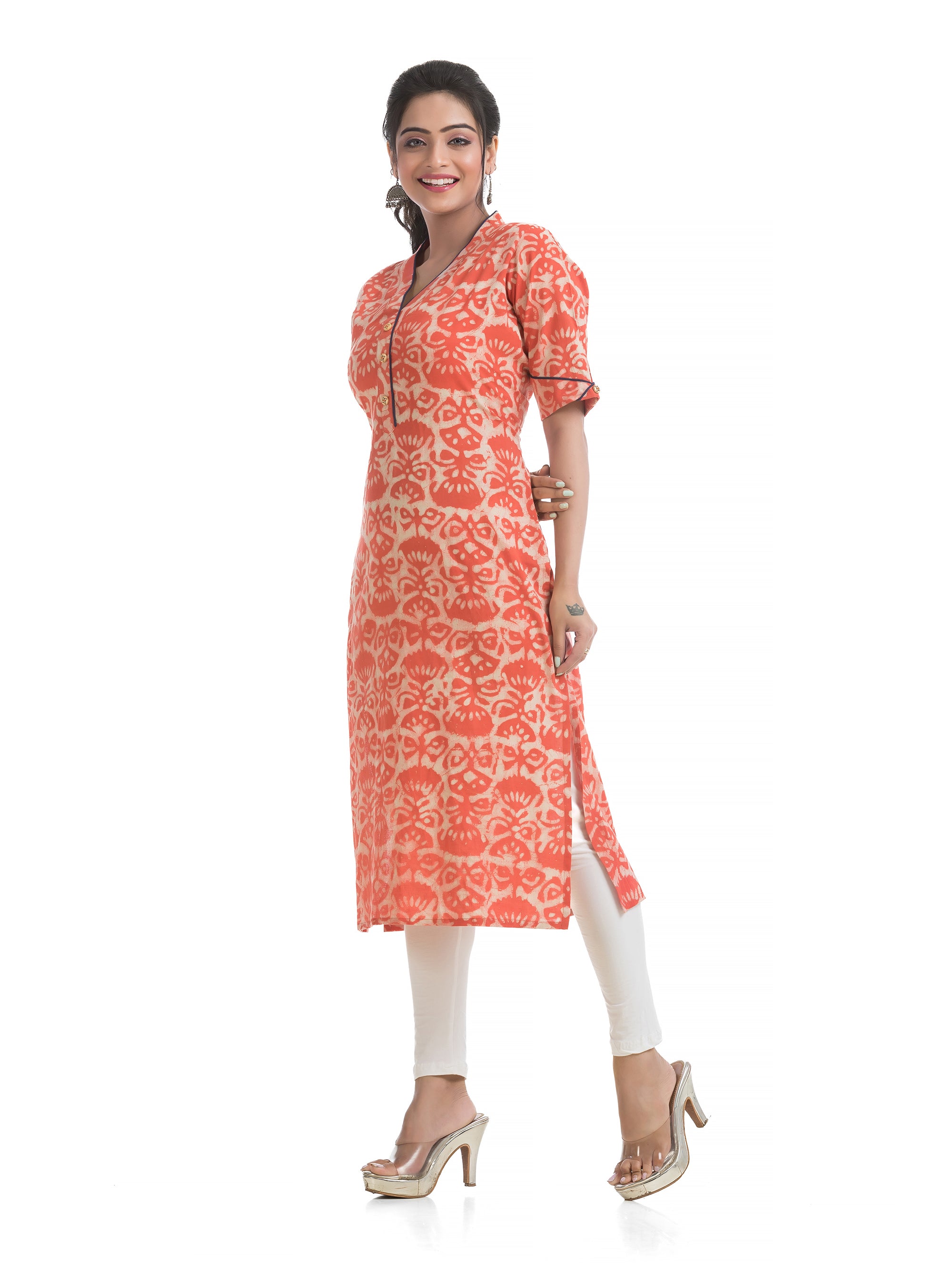 Orange Dabu Printed V-Neck Kurti