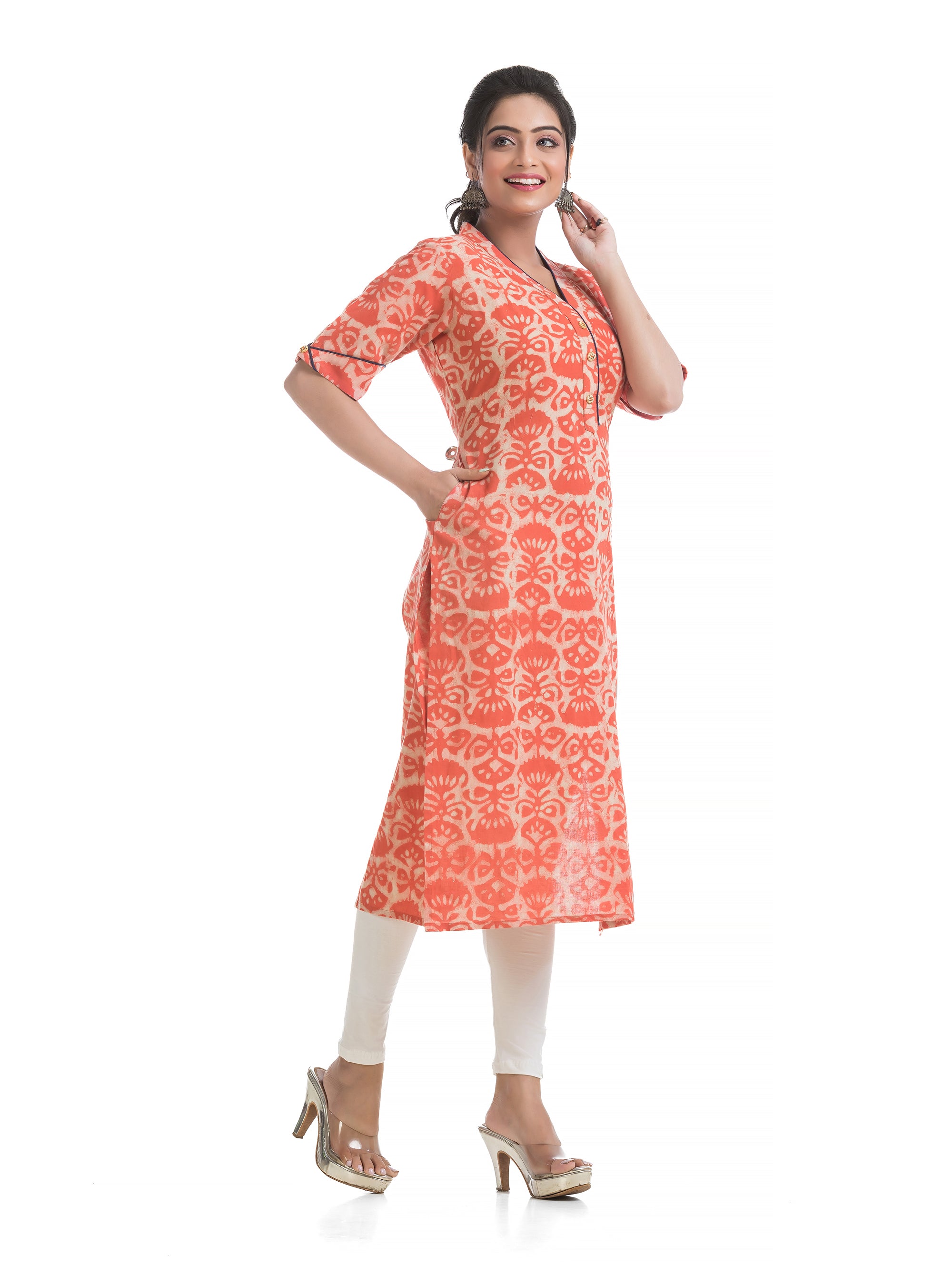 Orange Dabu Printed V-Neck Kurti