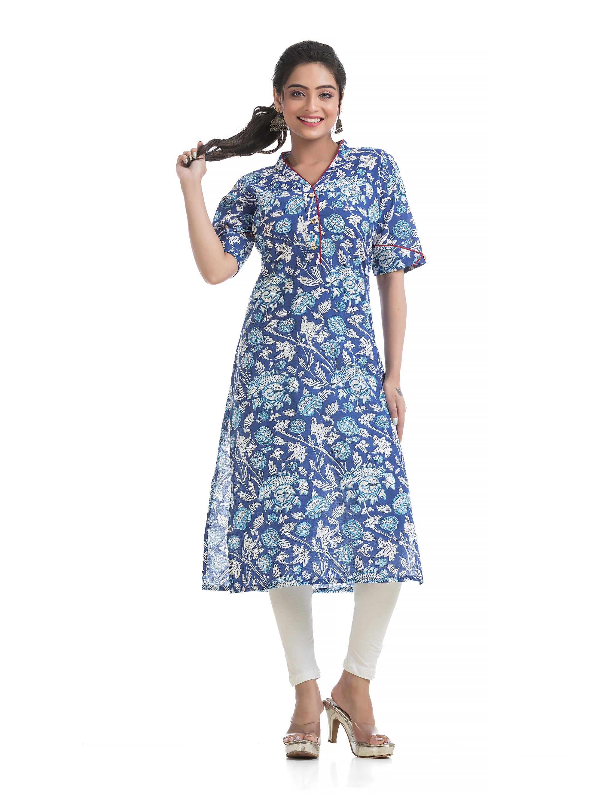 Blue Floral Motif Sanganeri Print V-Neck Kurti