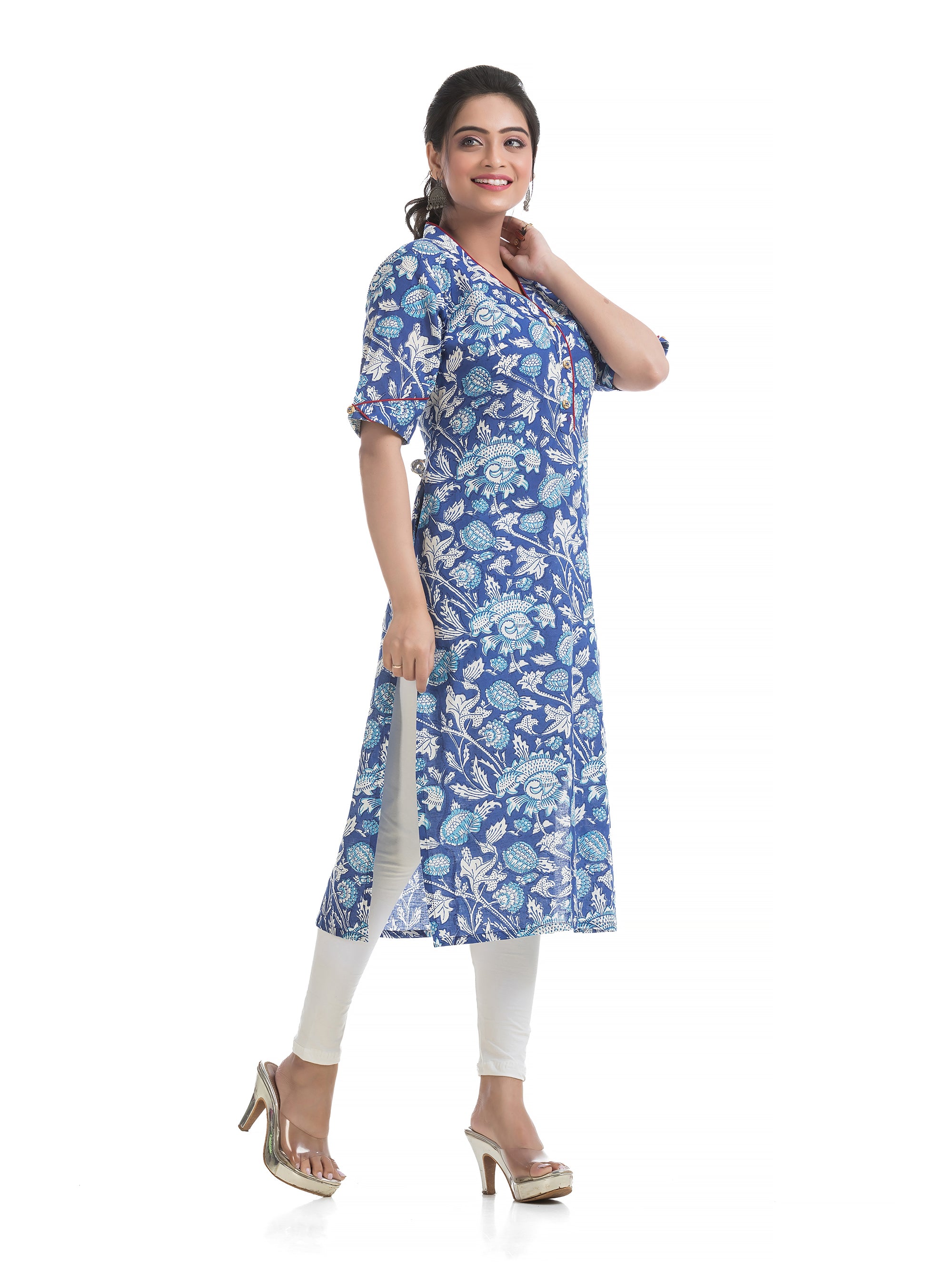 Blue Floral Motif Sanganeri Print V-Neck Kurti