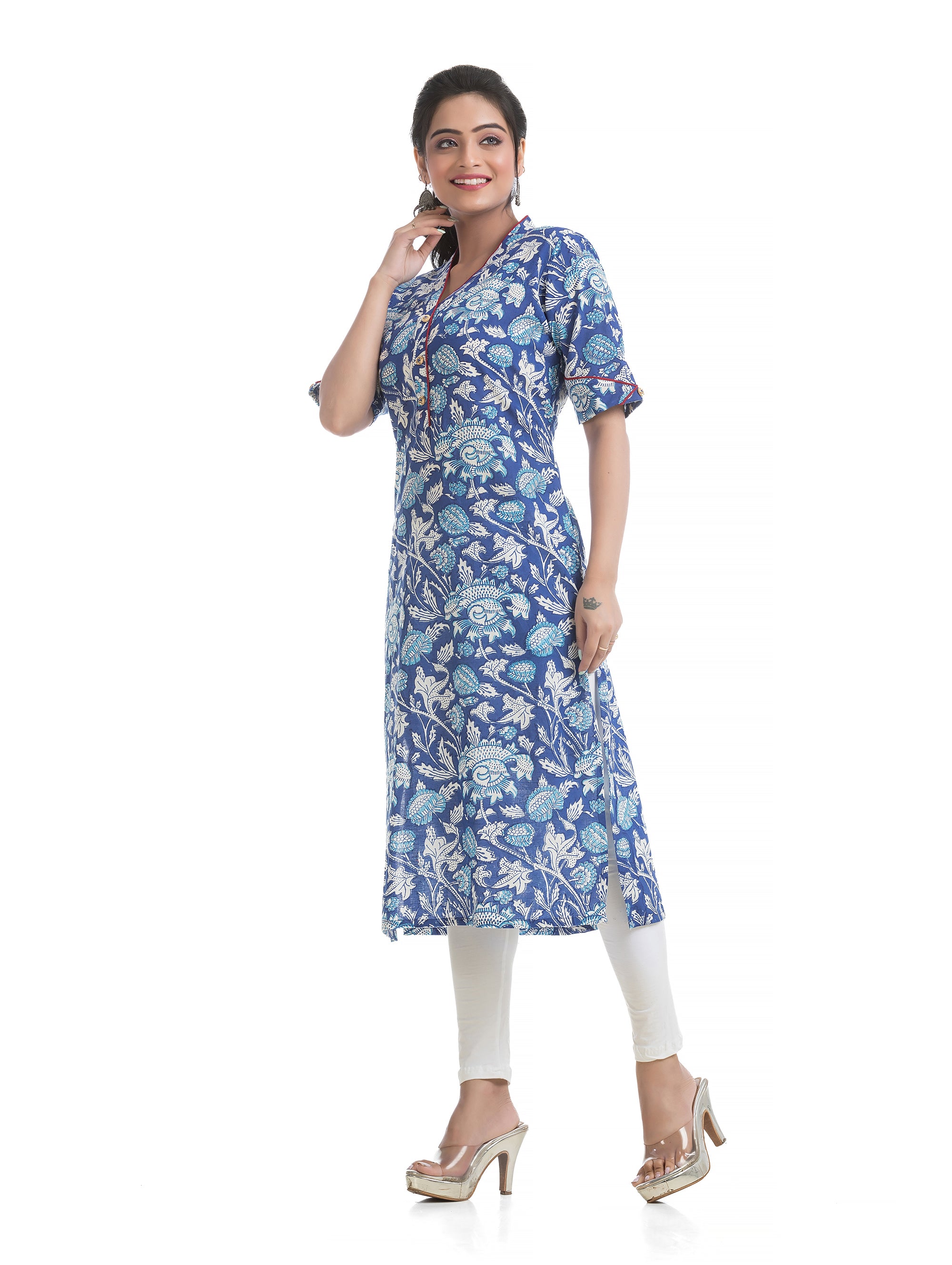 Blue Floral Motif Sanganeri Print V-Neck Kurti