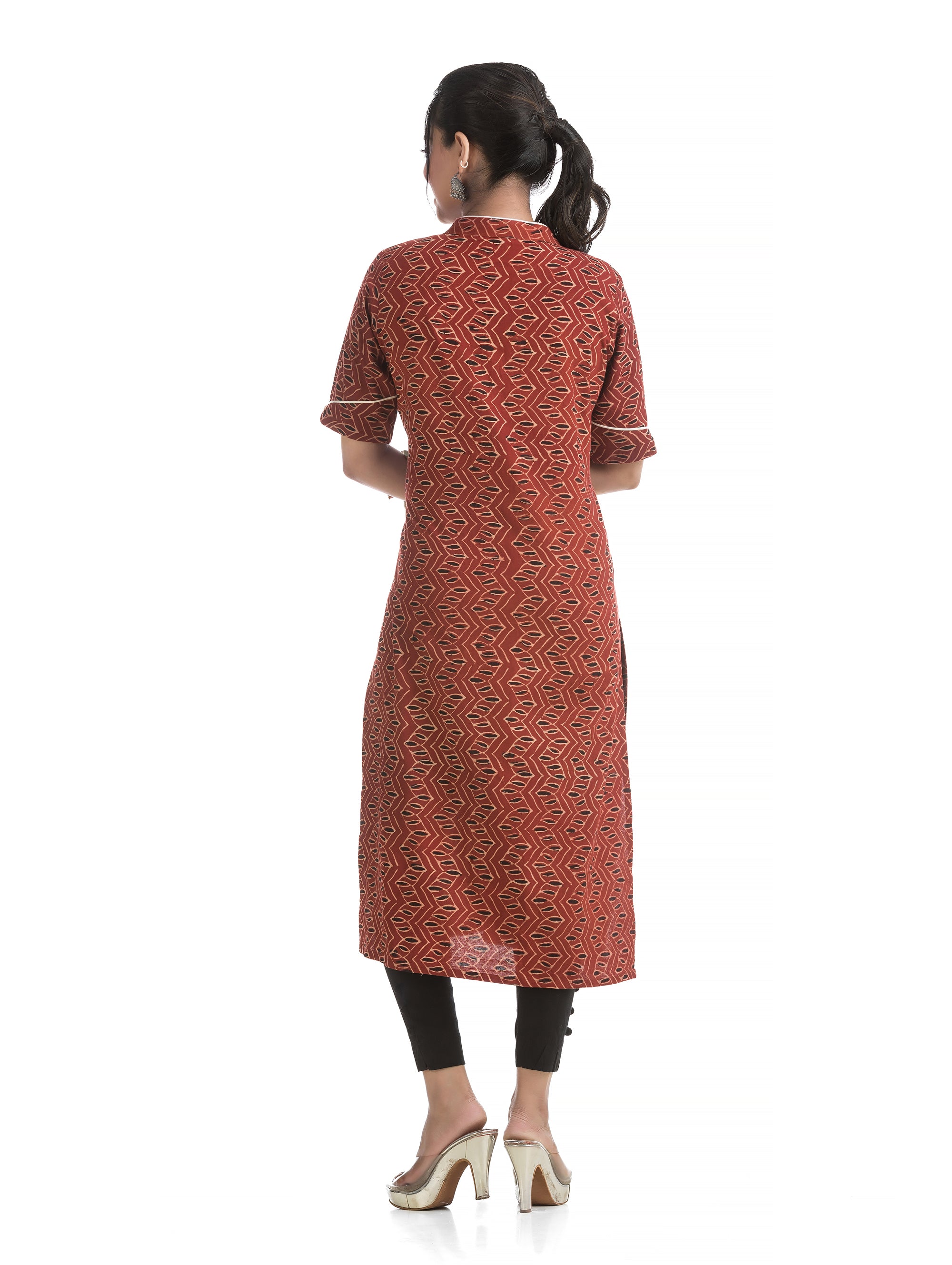 Maroon Geometric Pattern Printed V-Neck Ajrakh Kurti