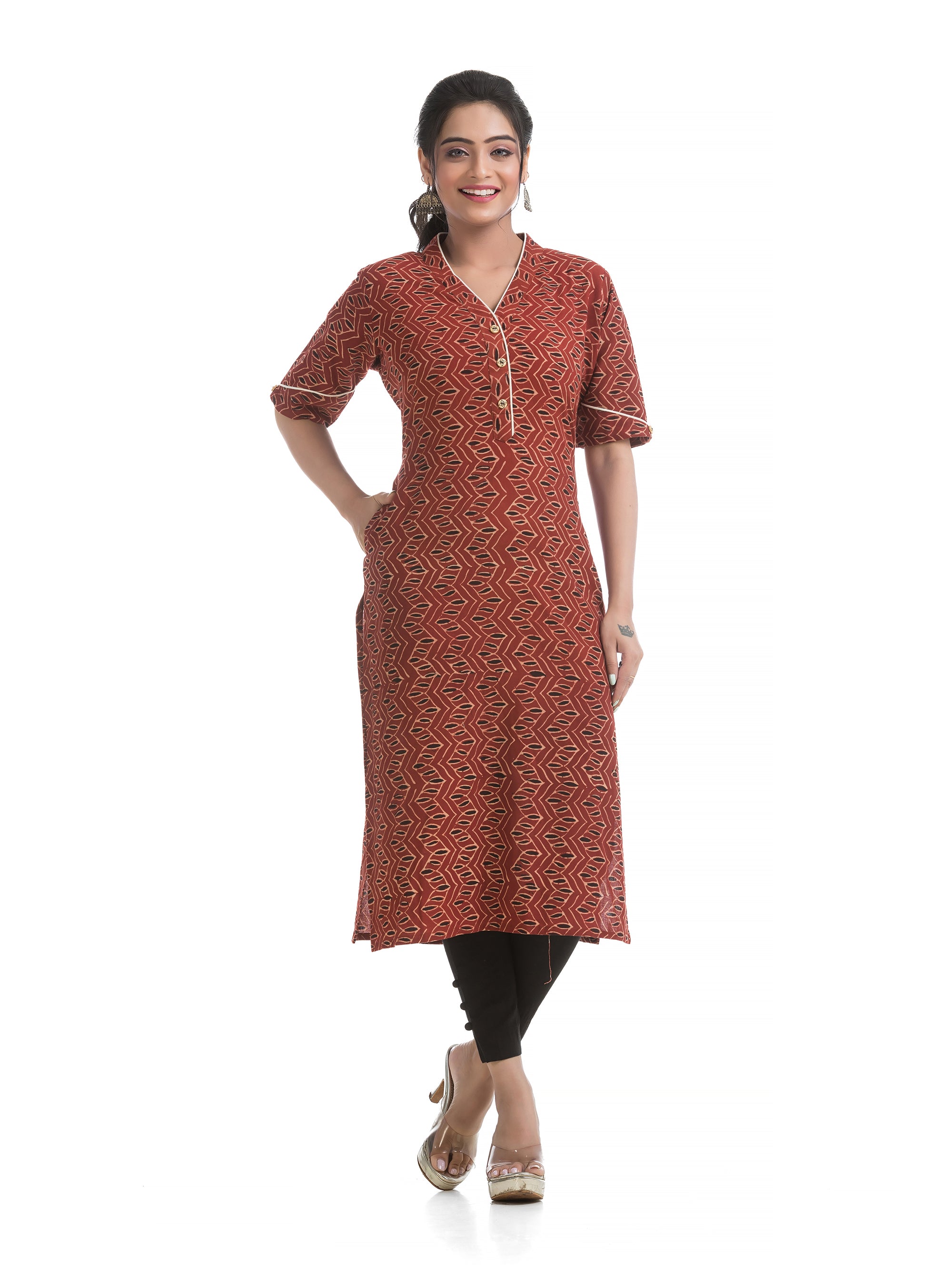 Maroon Geometric Pattern Printed V-Neck Ajrakh Kurti