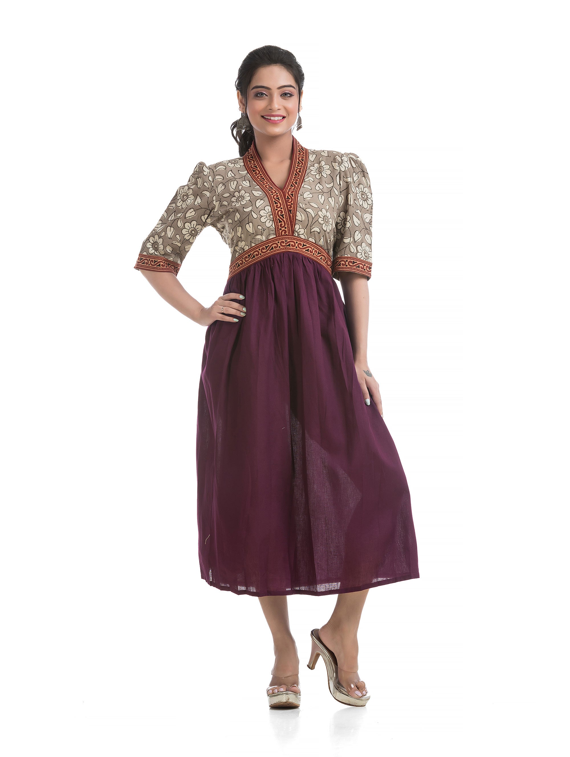 Purple Aliya Cut Dress with Puffed Sleeves